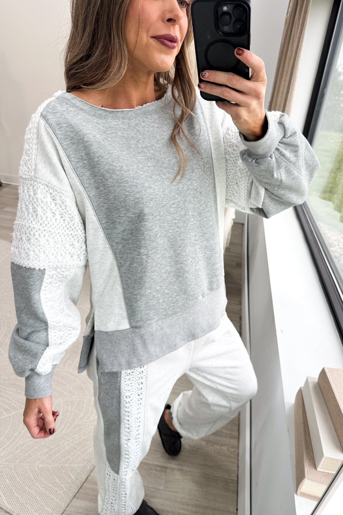 Heather Grey Lace Panel Colorblock Sweatshirt