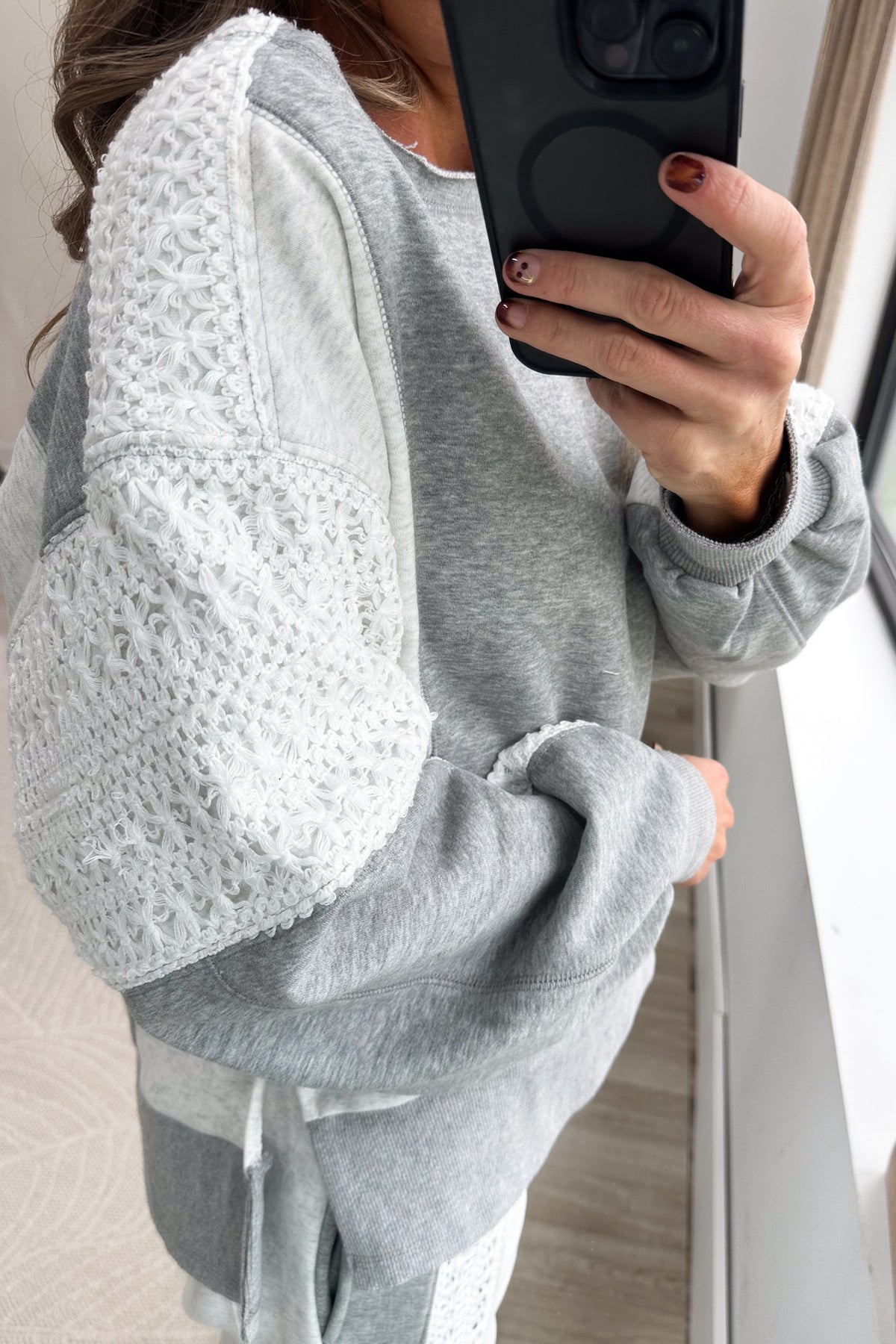 Heather Grey Lace Panel Colorblock Sweatshirt