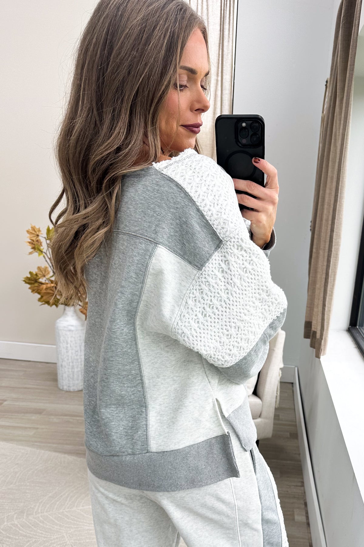 Heather Grey Lace Panel Colorblock Sweatshirt