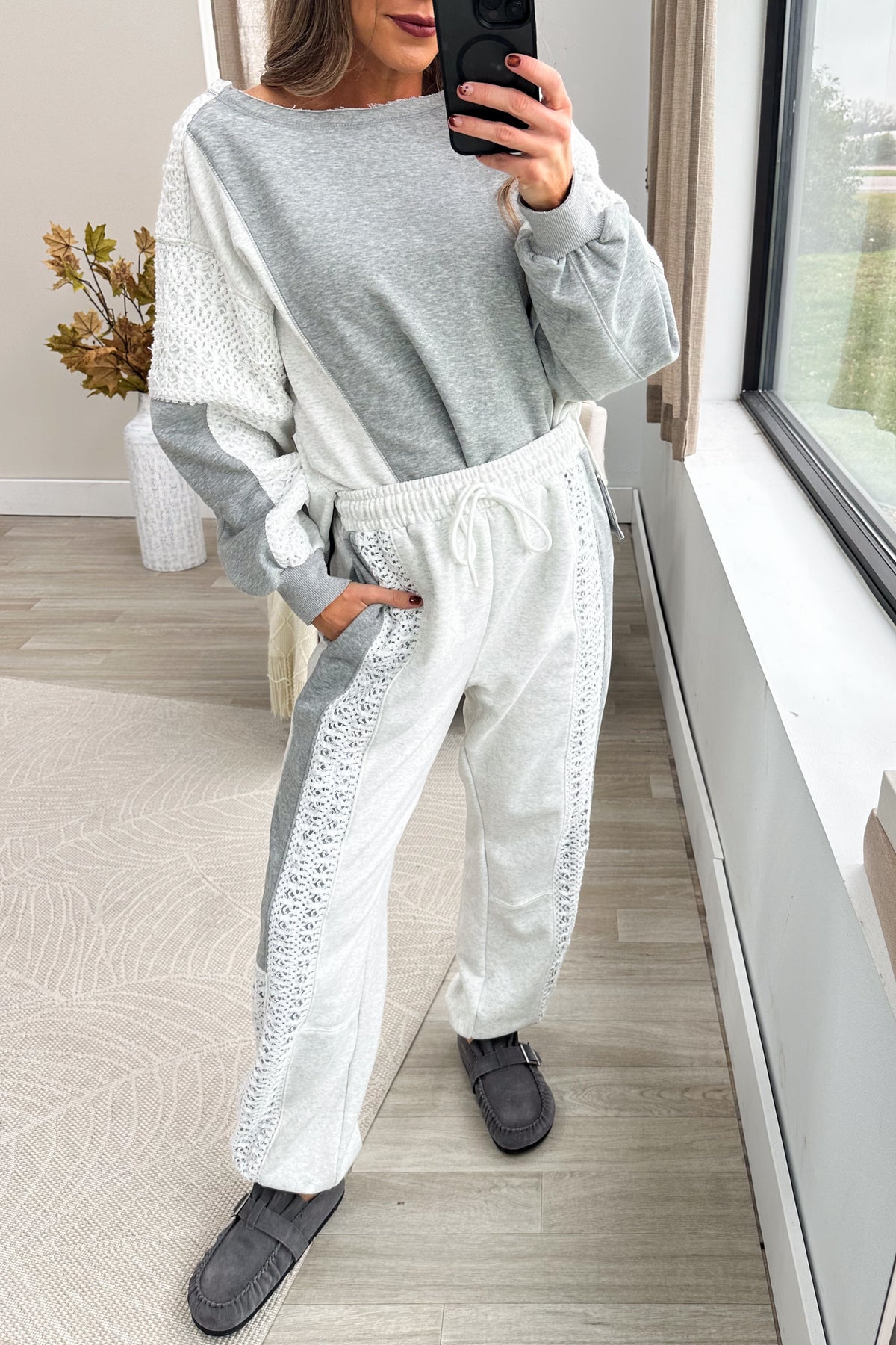 Heather Grey Elastic Waist Lace Panel Jogger