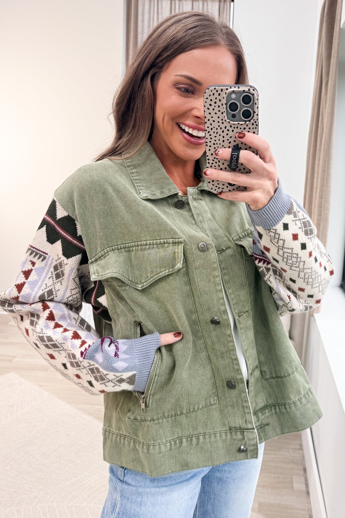 Dark Sage Mixed Media Knit Sleeve Utility Jacket