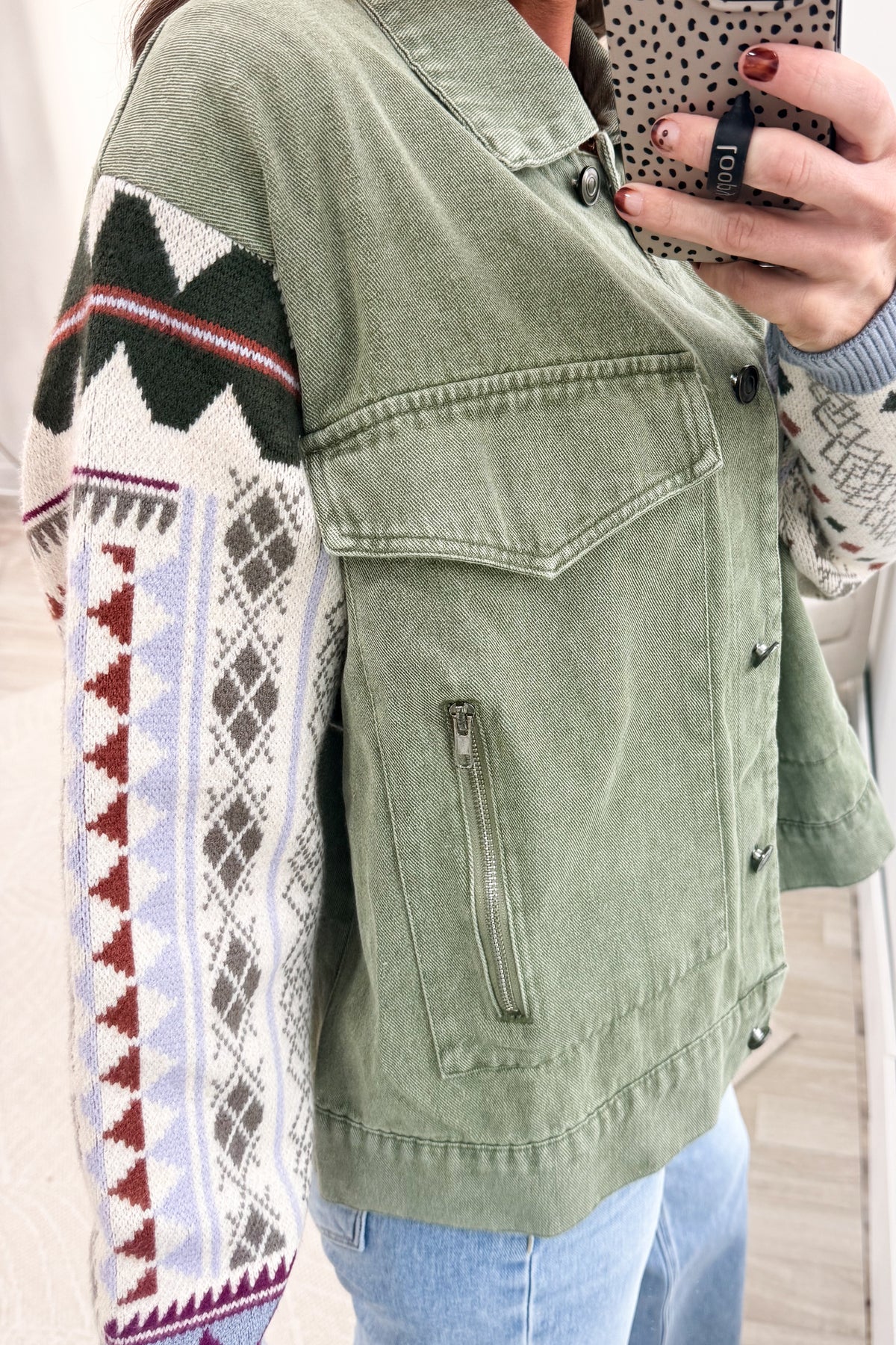 Dark Sage Mixed Media Knit Sleeve Utility Jacket