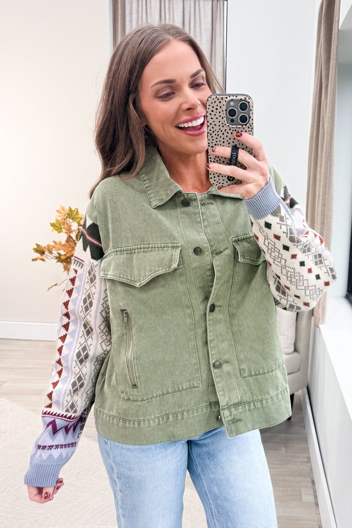 Dark Sage Mixed Media Knit Sleeve Utility Jacket
