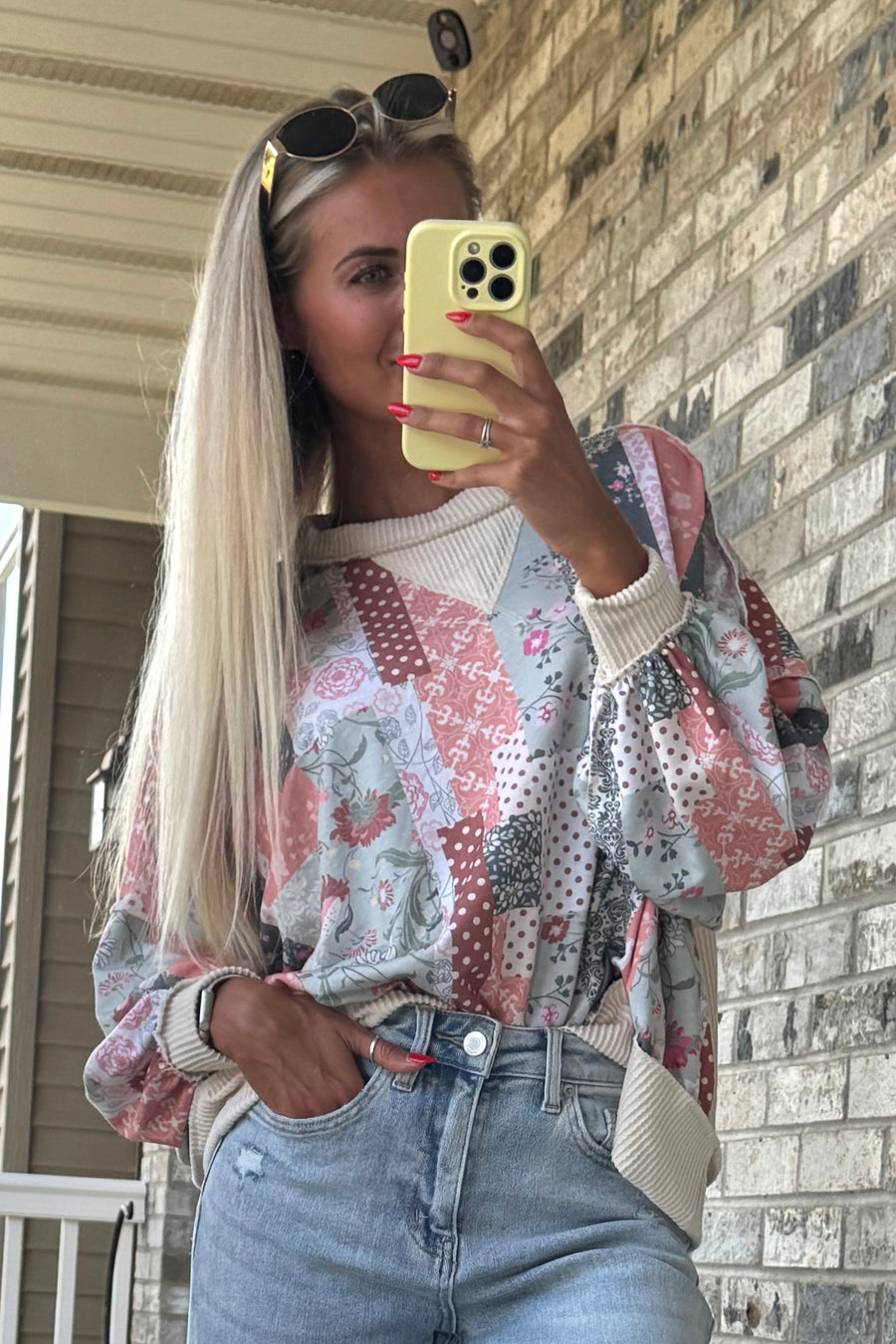 Oatmeal Mixed Pattern Patchwork Knit Top
