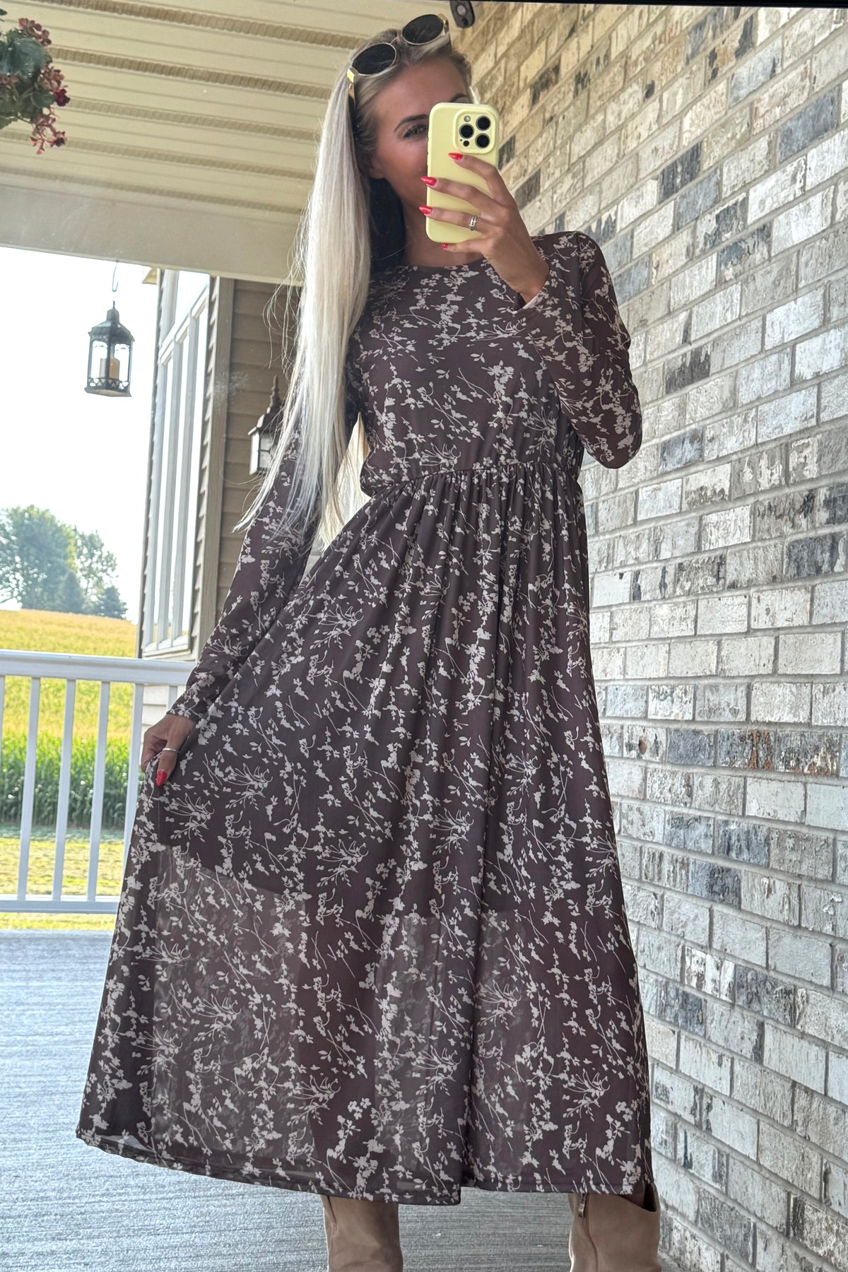 Brown Floral Back Button Detail Mesh Midi Dress