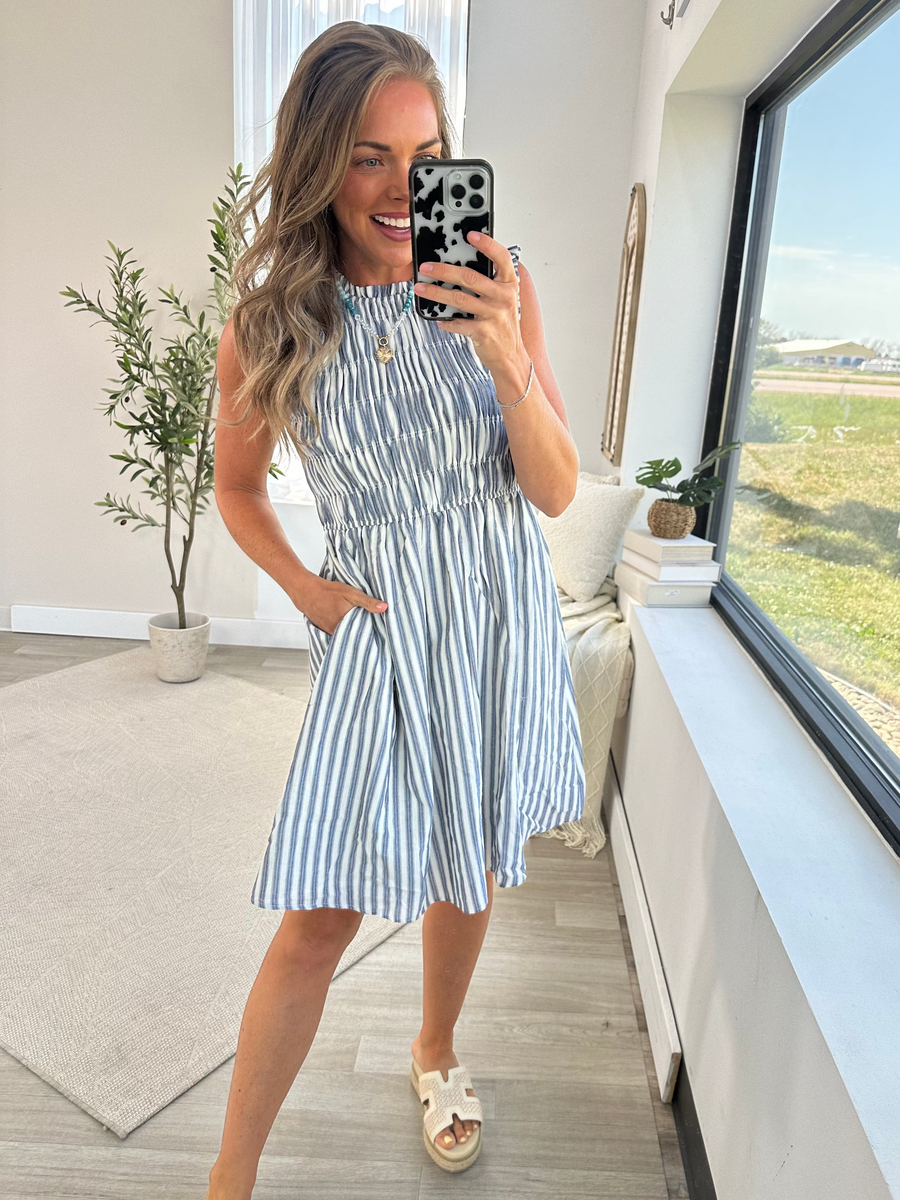 Denim Blue Striped Smocked Bodice Sleeveless Dress