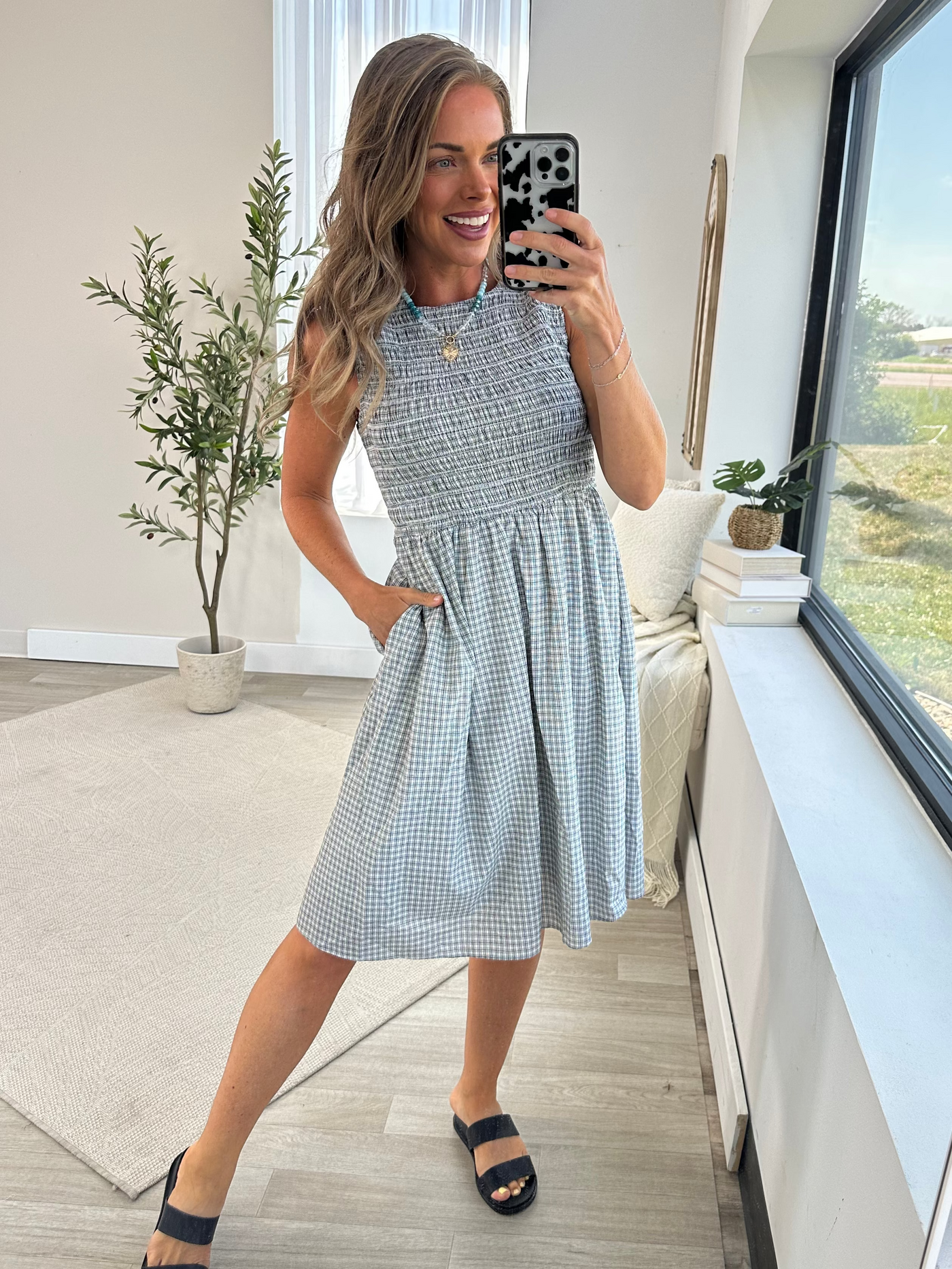 Black And White Plaid Smocked Bodice Dress