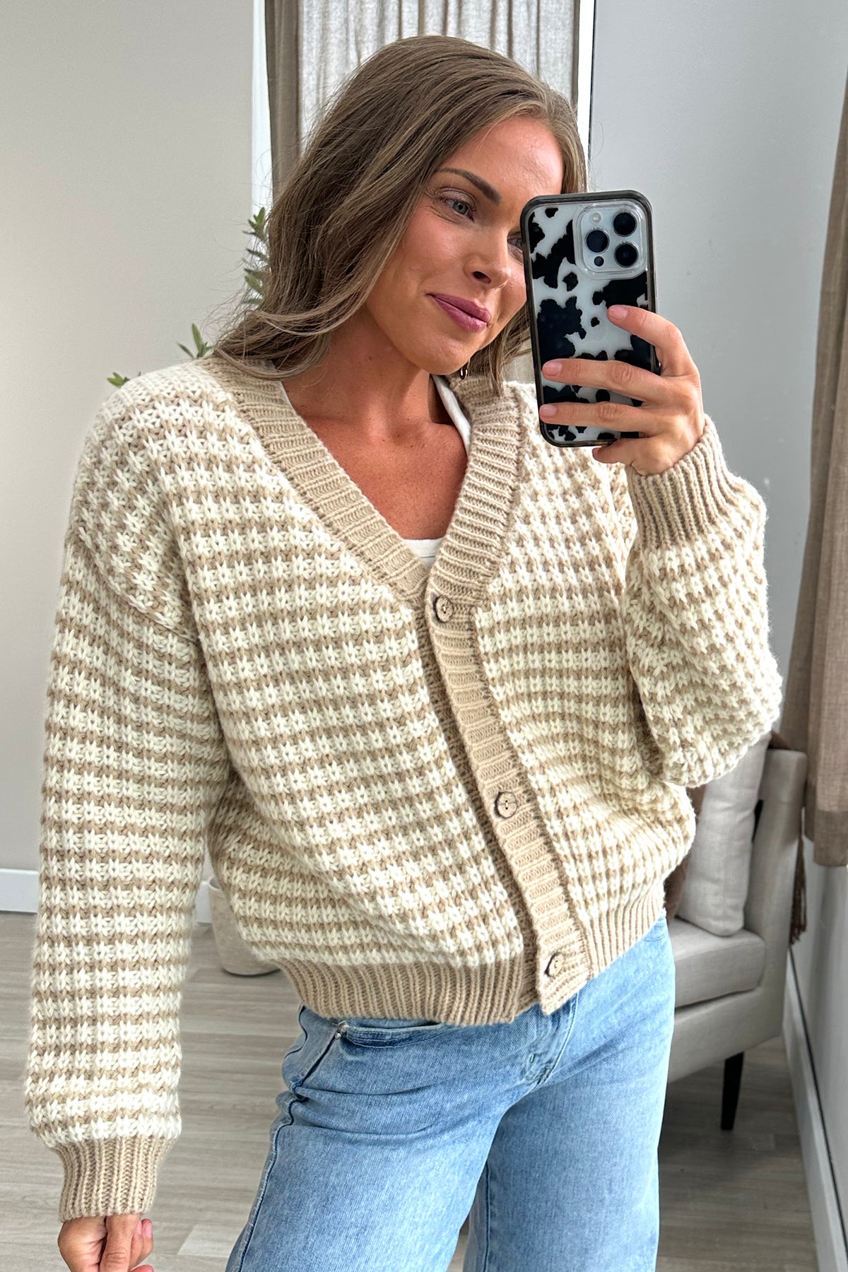 Beige Striped Button Front Knit Cardigan