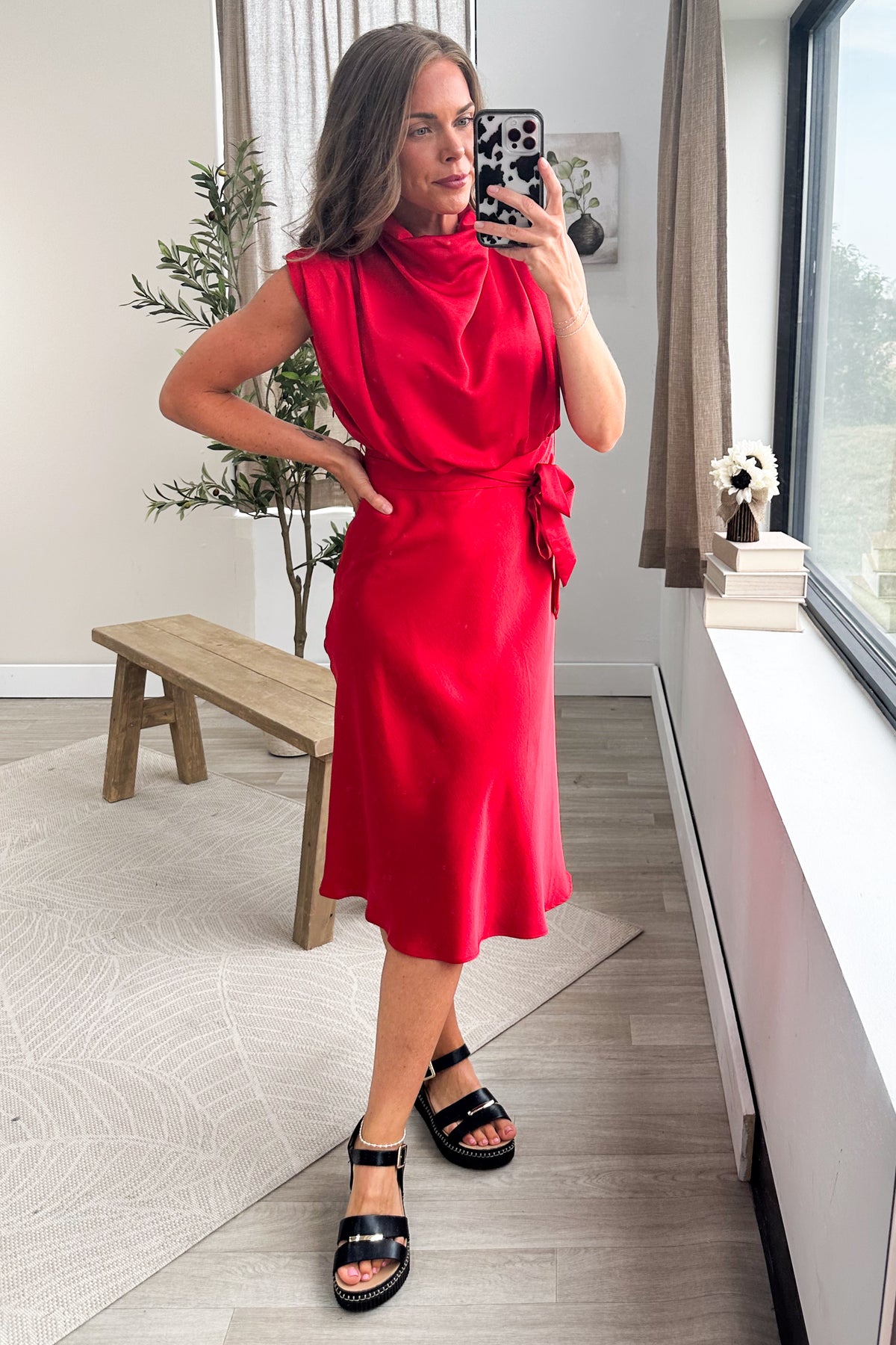 Cowl Neck Midi Dress With Tie Waist