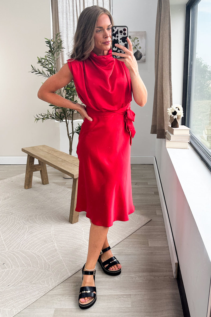 Cowl Neck Midi Dress With Tie Waist