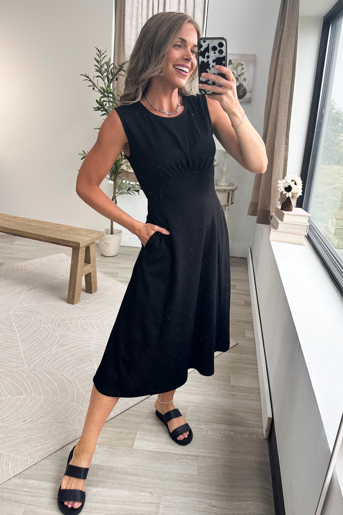 Black Soft Knit Gathered Bust Dress