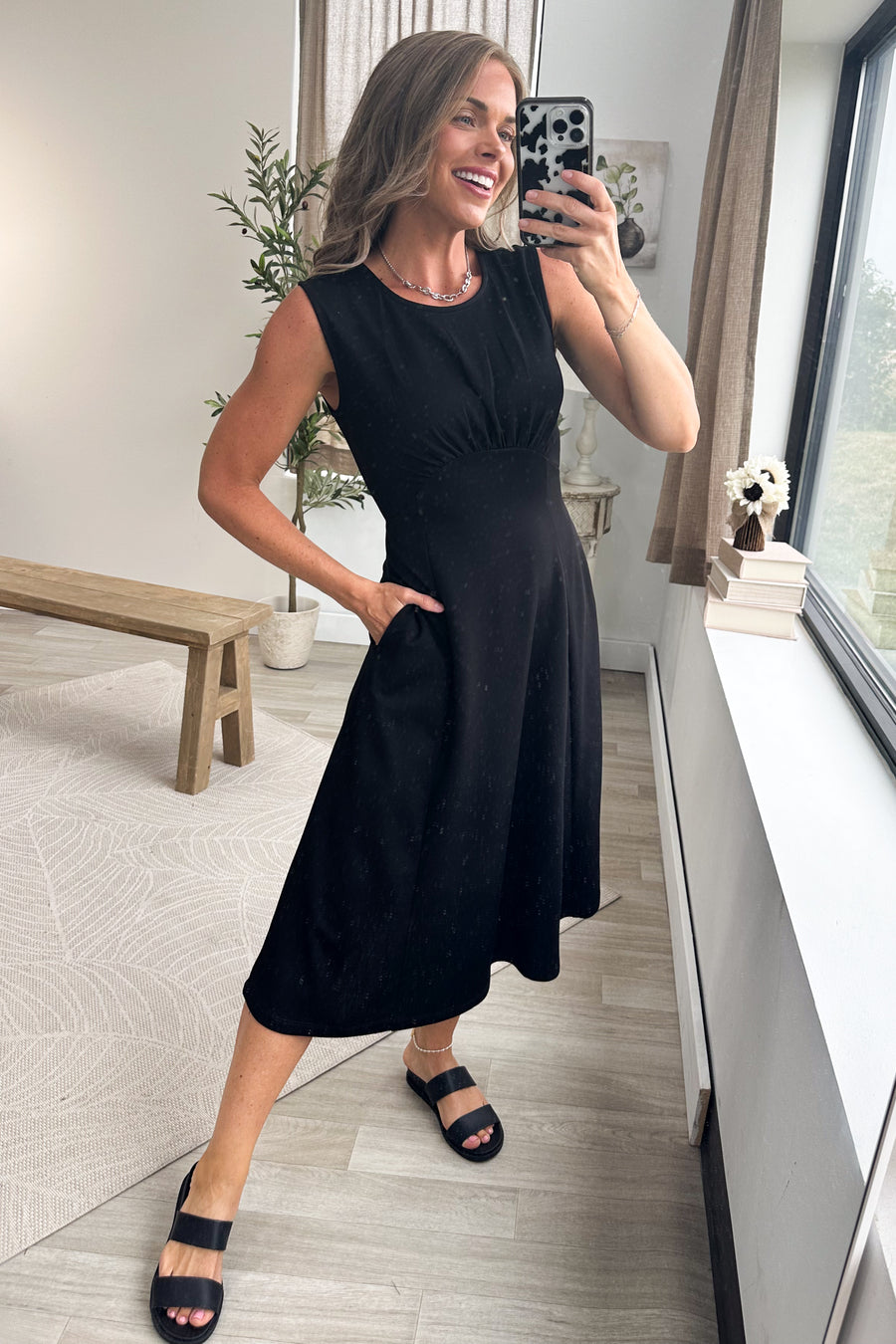 Black Soft Knit Gathered Bust Dress