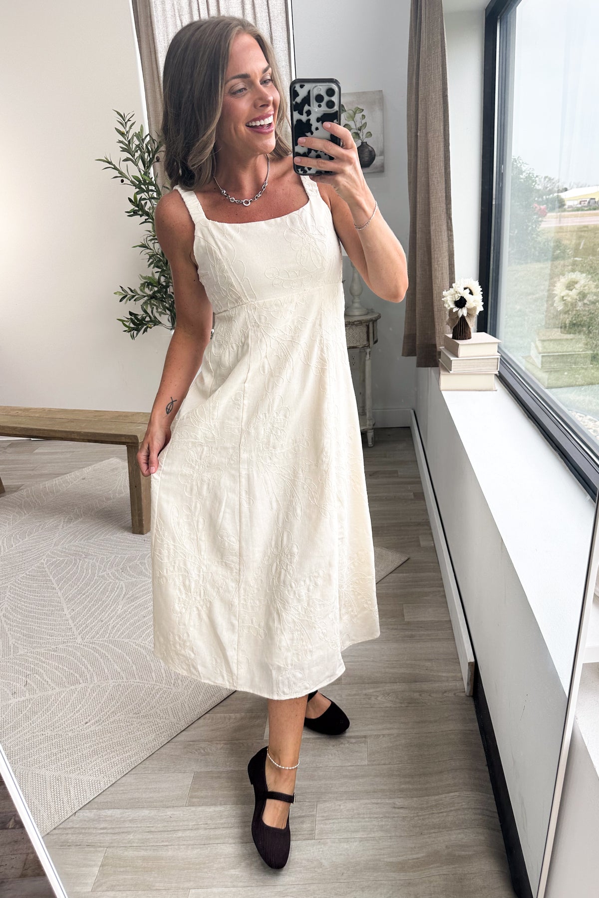 Beige Textured Floral Embroidery Midi Dress