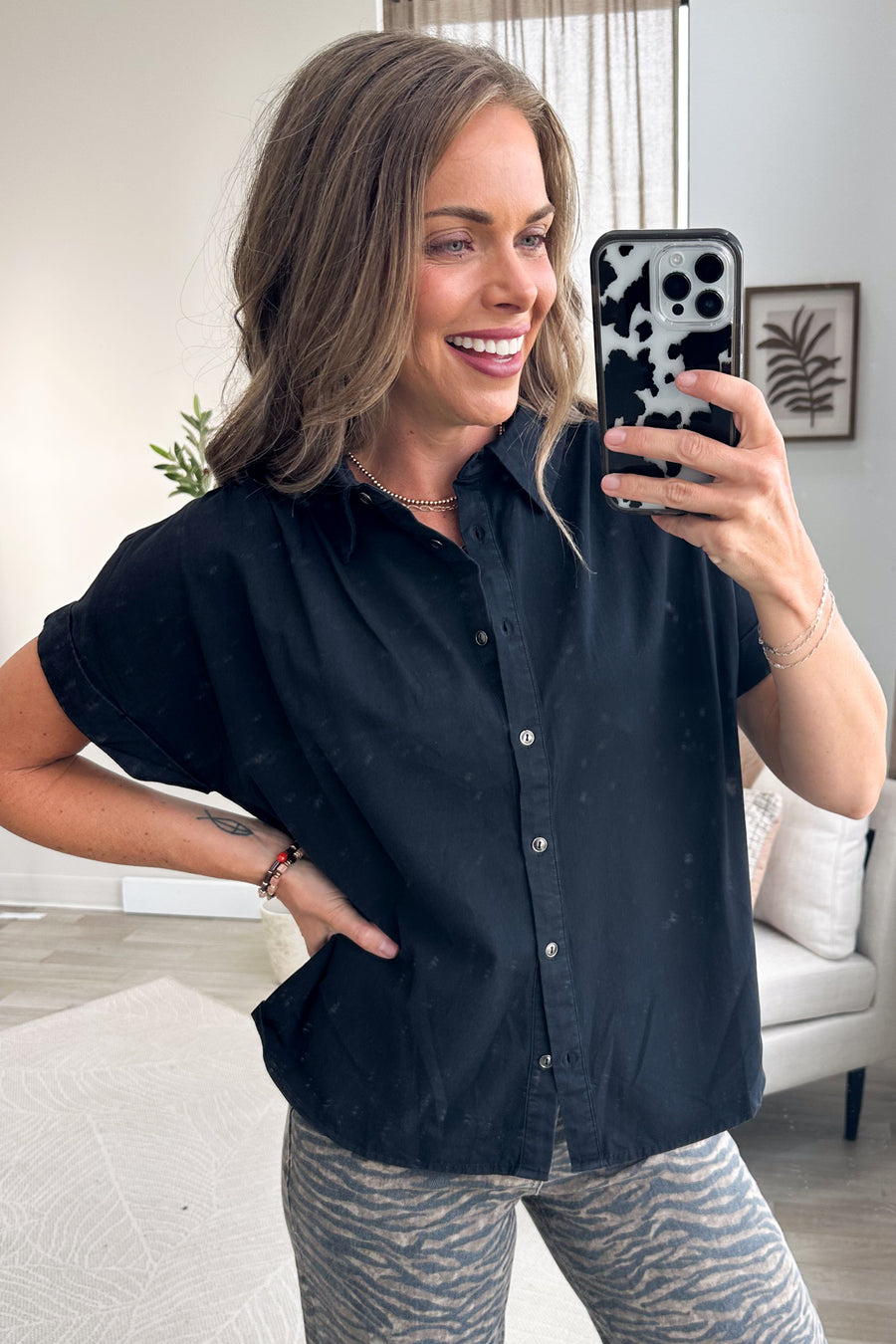 Black Mineral Washed Button Up Top