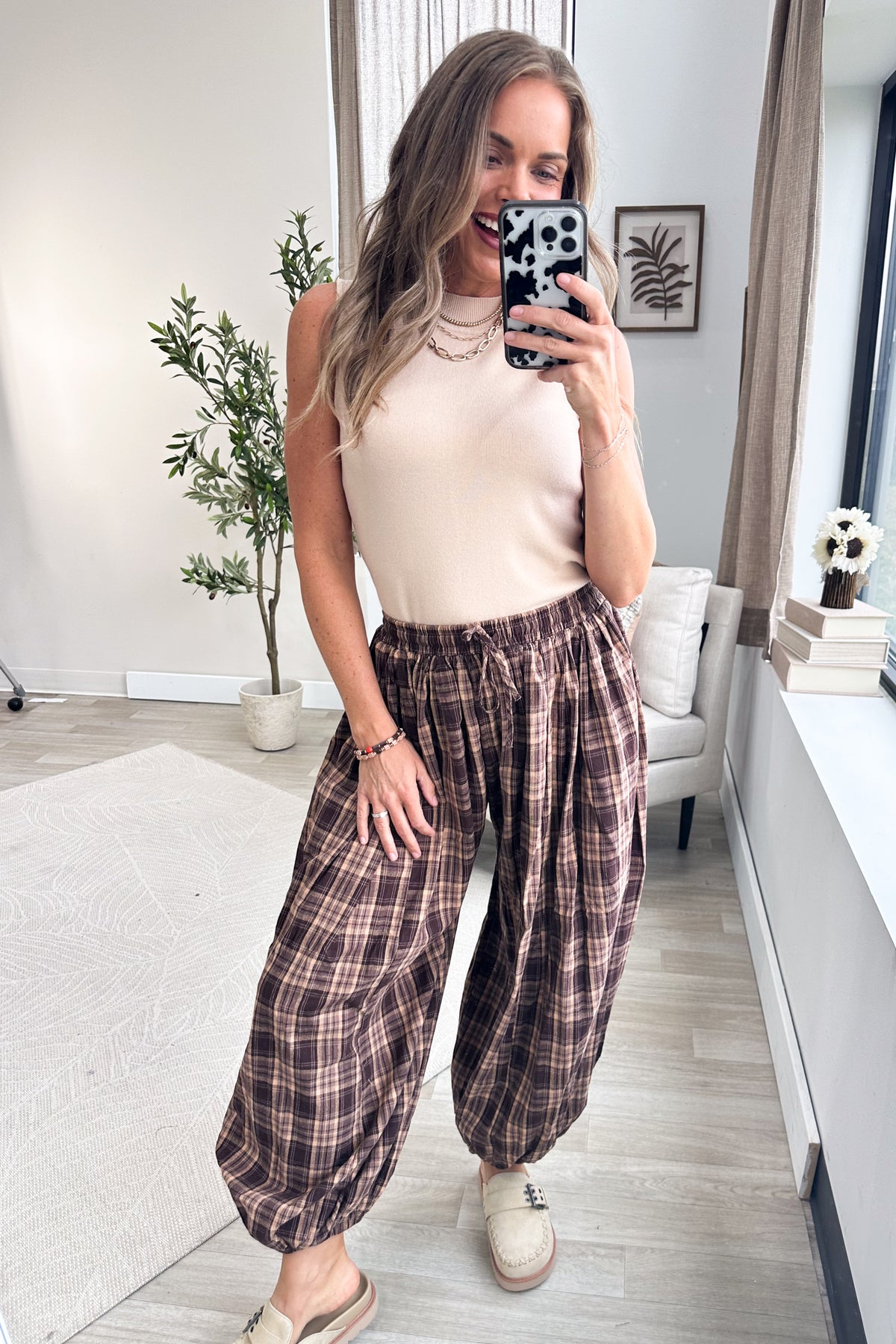 Brown Plaid Easy Waist Barrel Pants- 100% Cotton