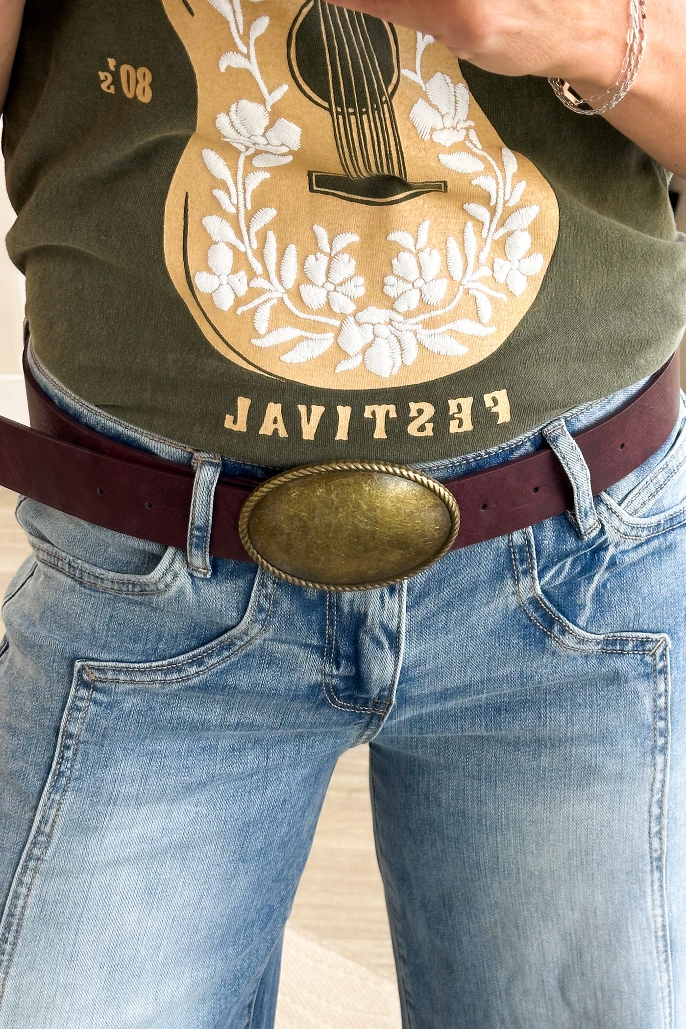 Wine Leather Belt With Gold Oval Buckle