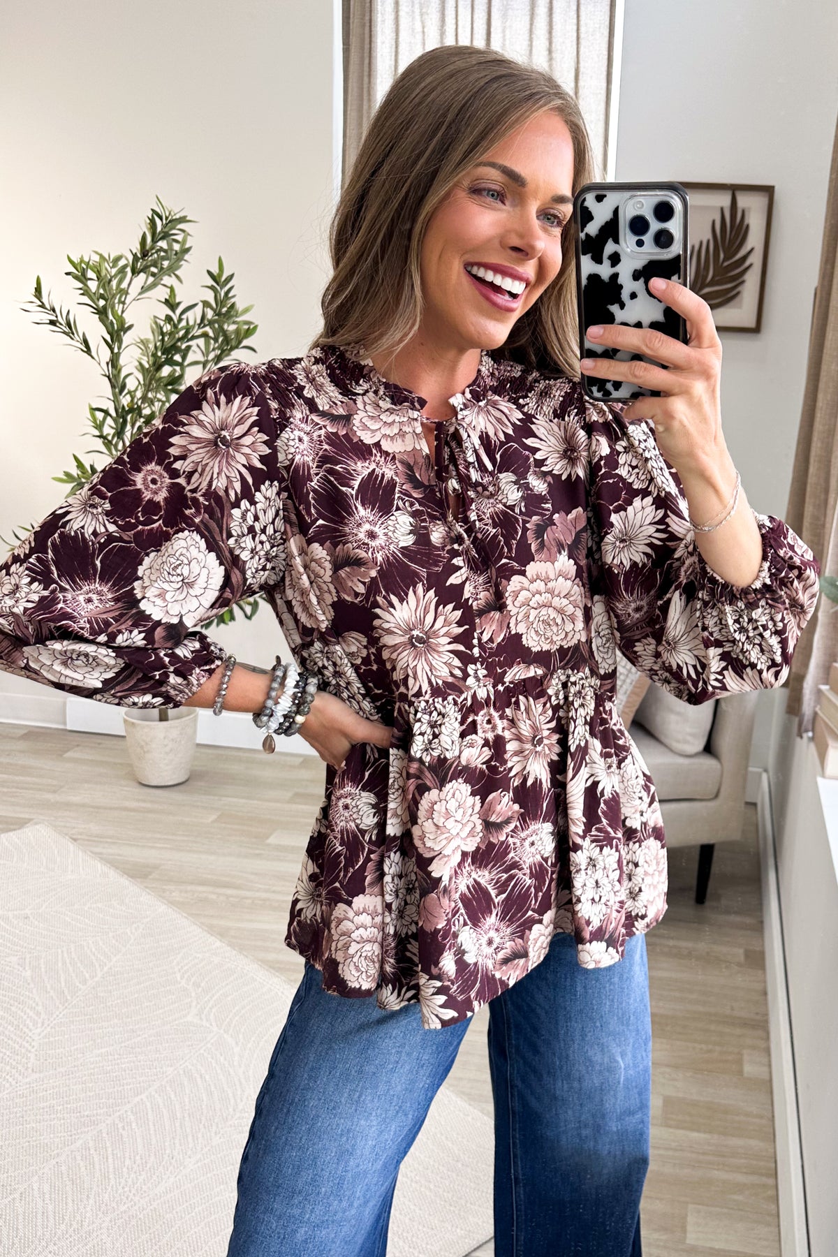 Plum Floral Babydoll Blouse With Tie Neck