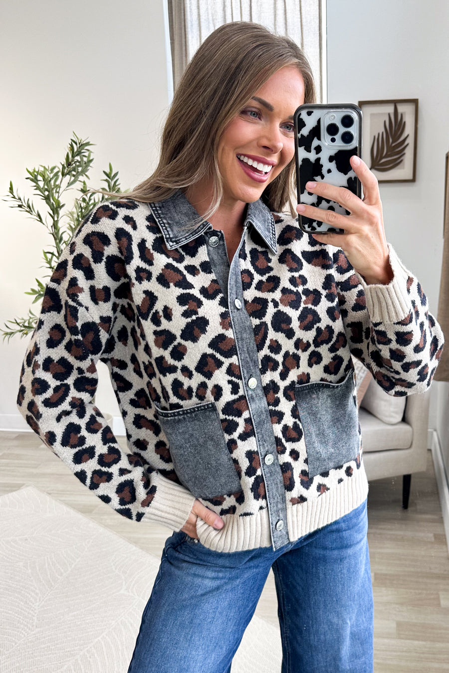 Leopard Sweater Jacket With Denim Contrast