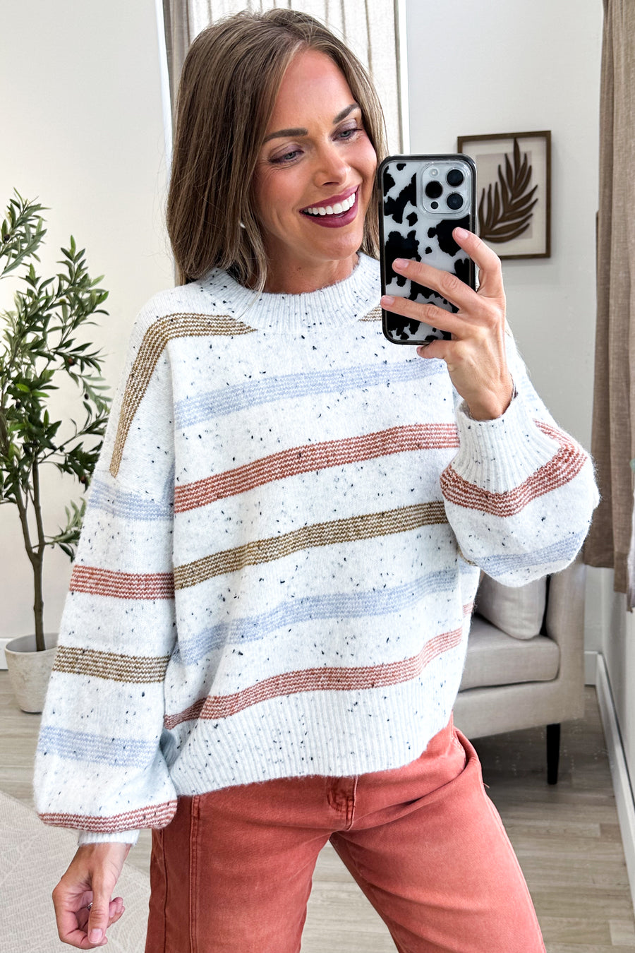 Off White Striped Ribbed Trim Sweater