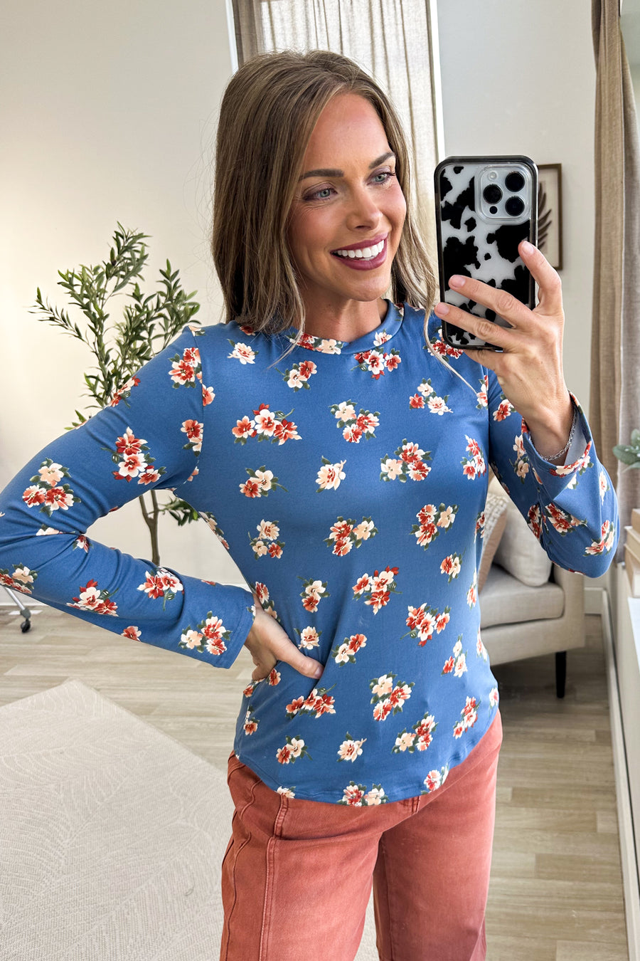 Slate Blue Soft Knit Floral Long Sleeve Top