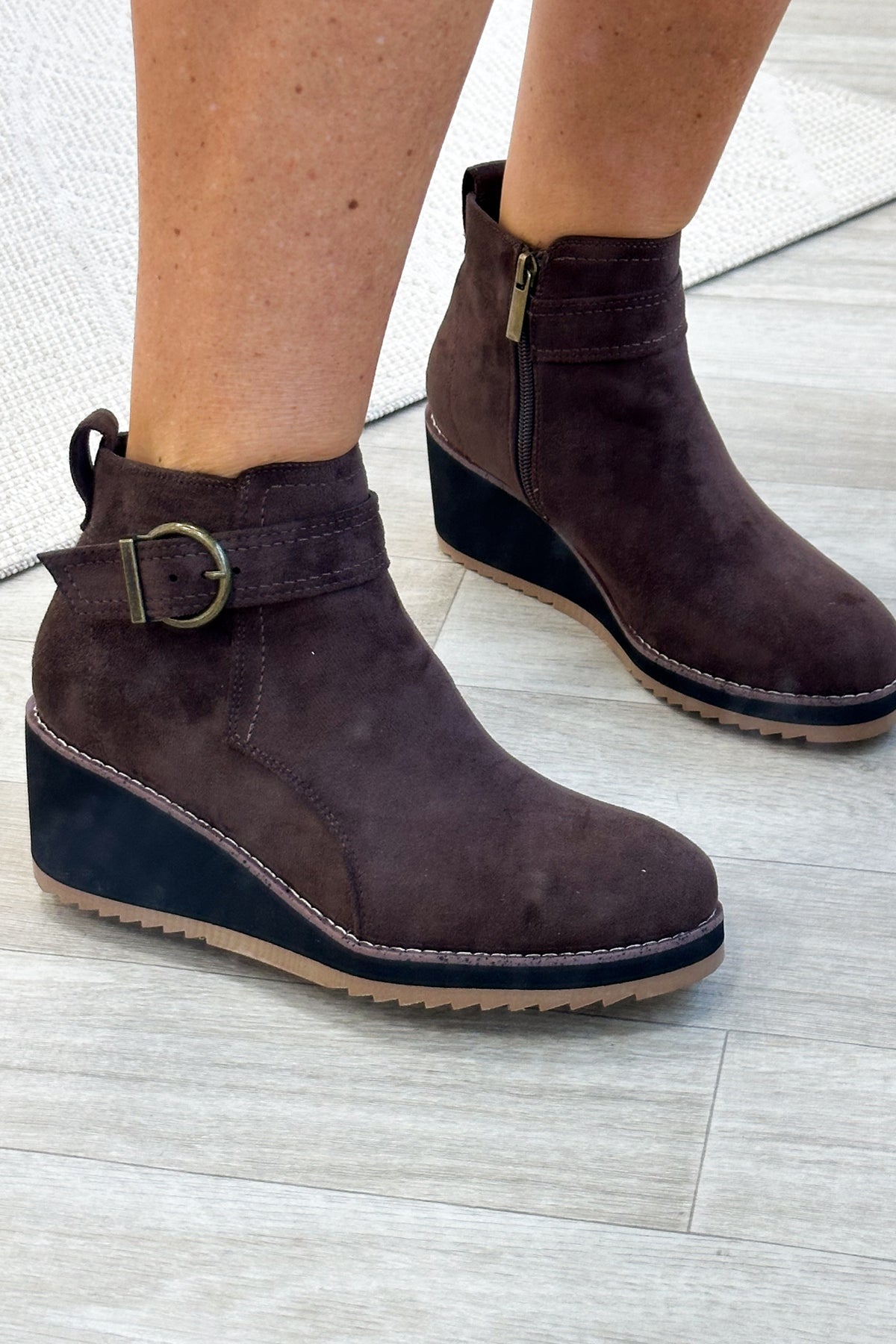 Corkys Chocolate Suede Wedge Buckle Bootie