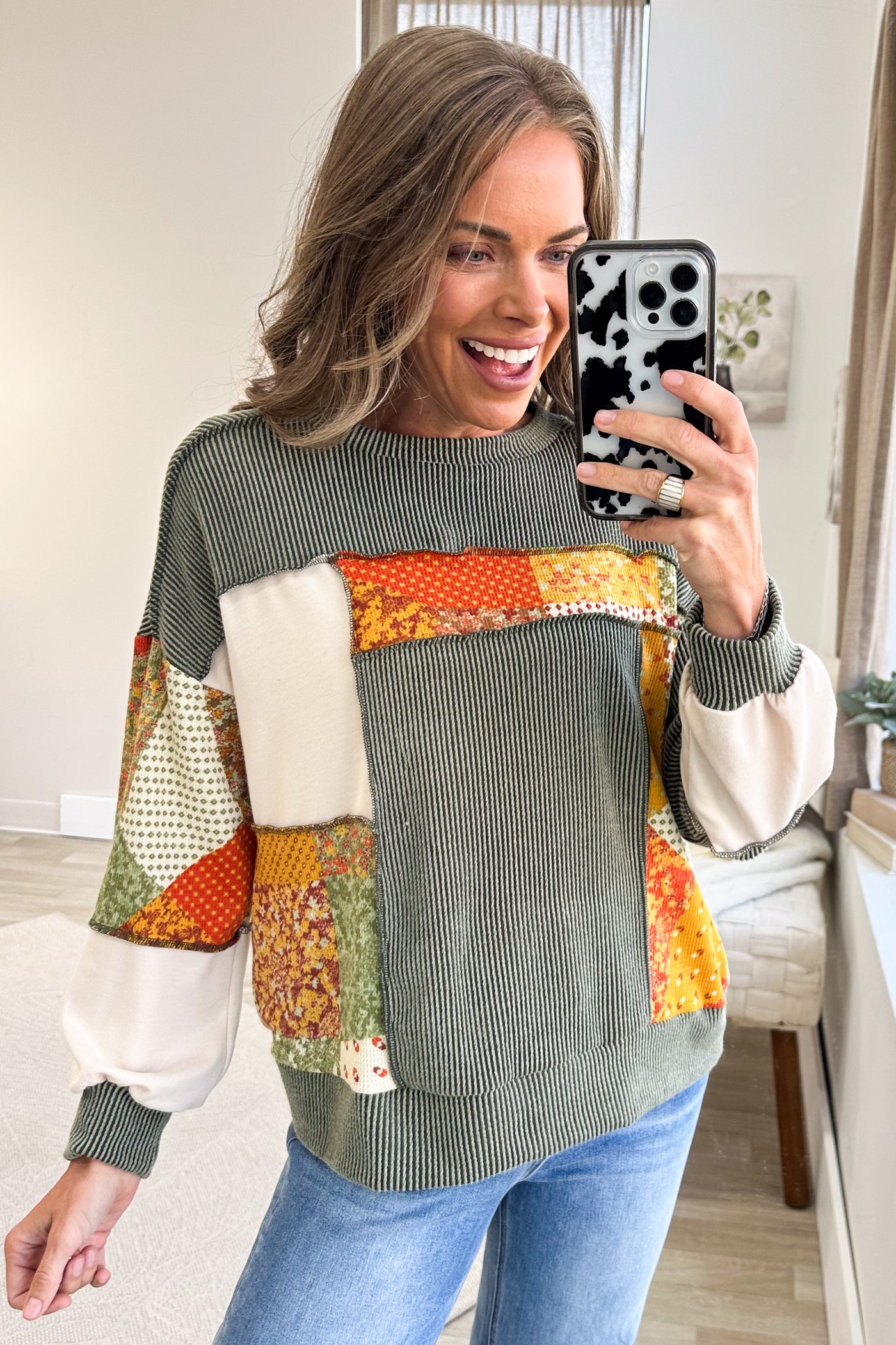 Olive Two Tone Rib Patchwork Knit Top
