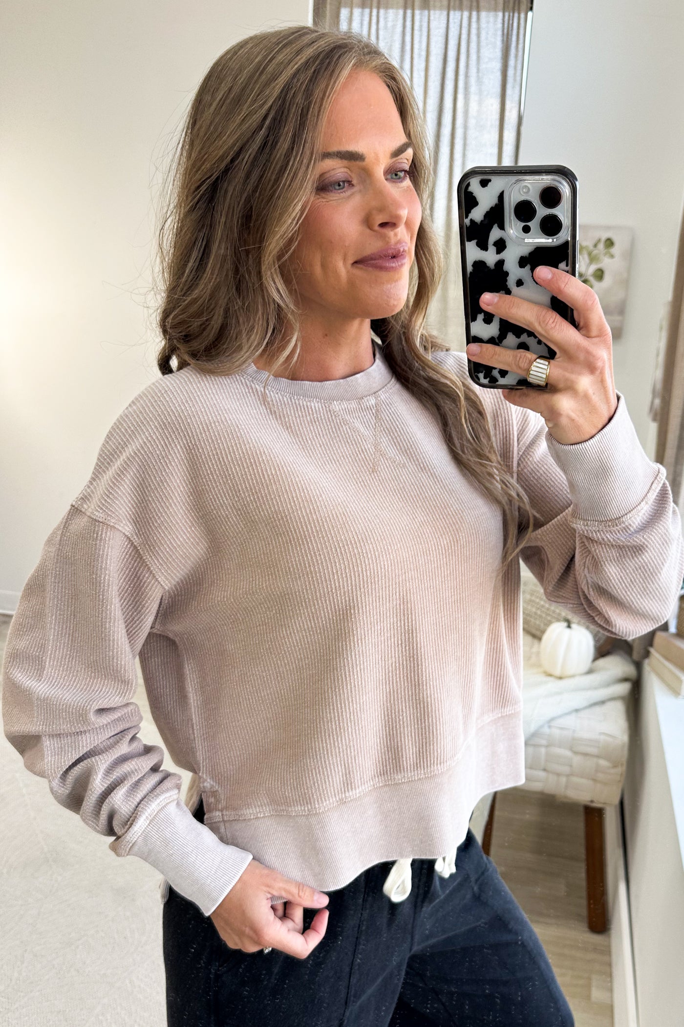 Light Mocha Corded Cropped Side Slit Crew