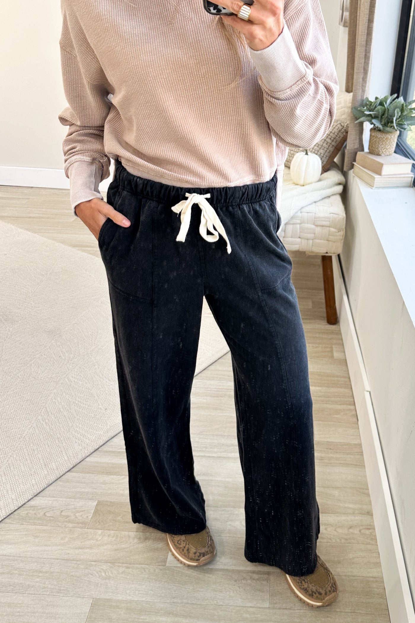 Black Acid Wash Drawstring Waist Wide Leg Pants