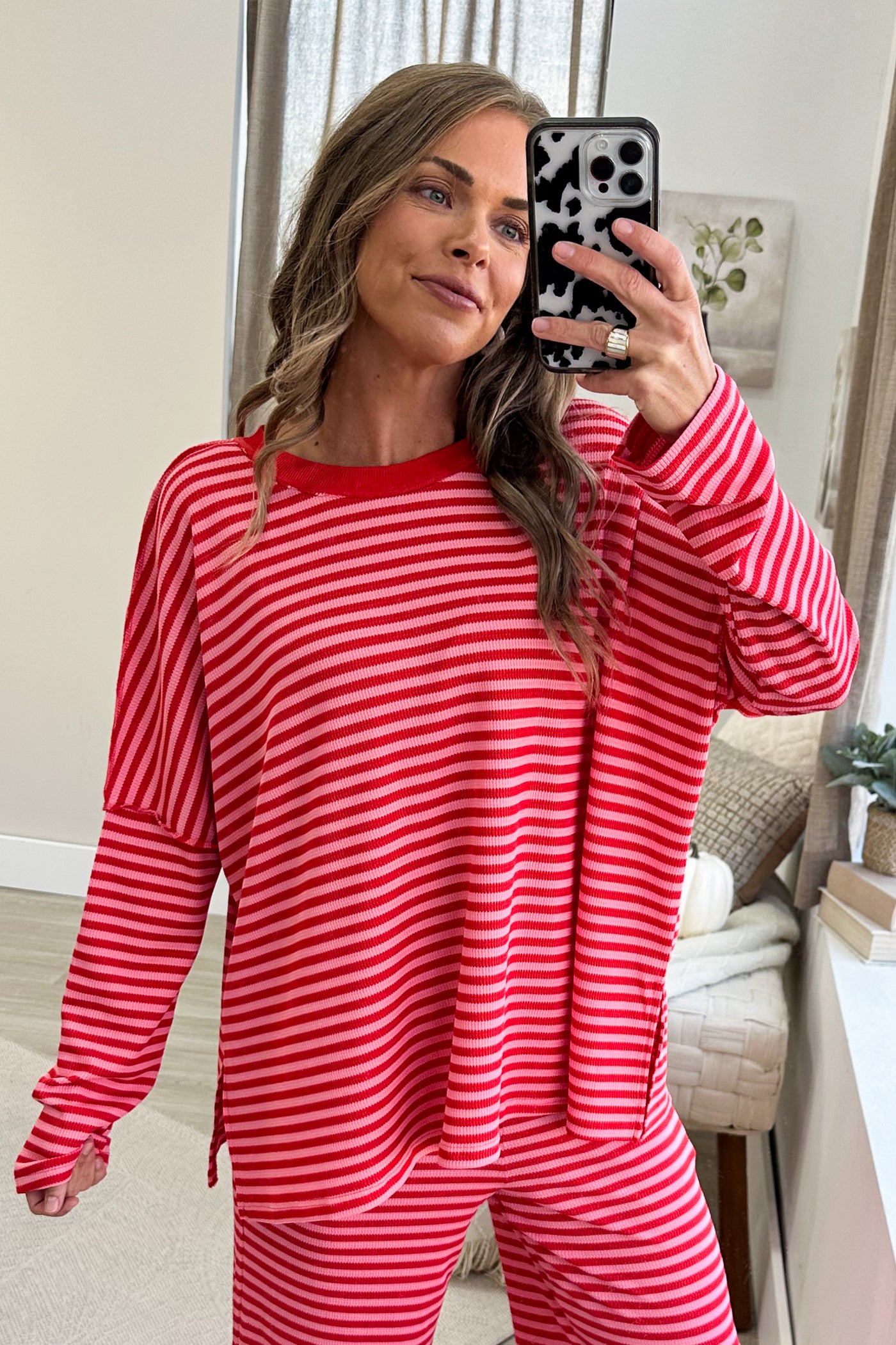 Pink And Red Striped Drop Shoulder Knit Top
