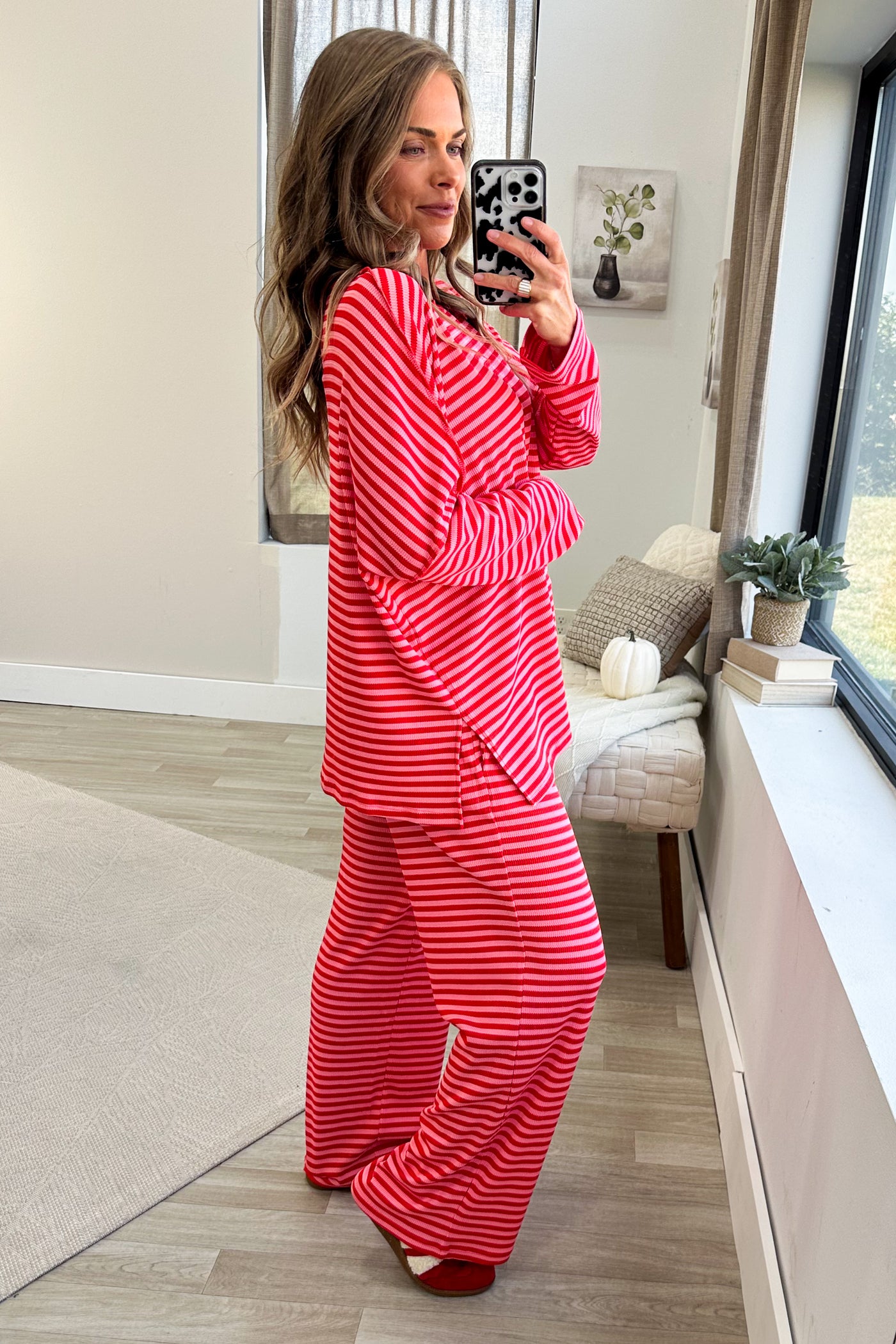 Pink And Red Striped Wide Leg Drawstring Lounge Pants