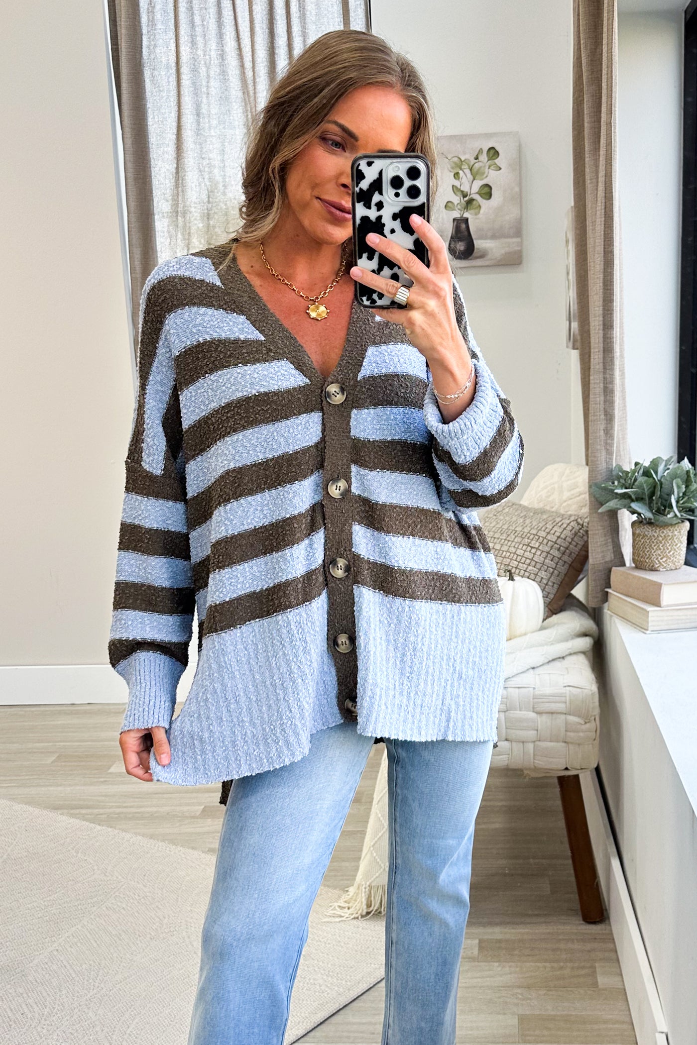 Brown And Baby Blue V-neck Stripe Popcorn Cardigan
