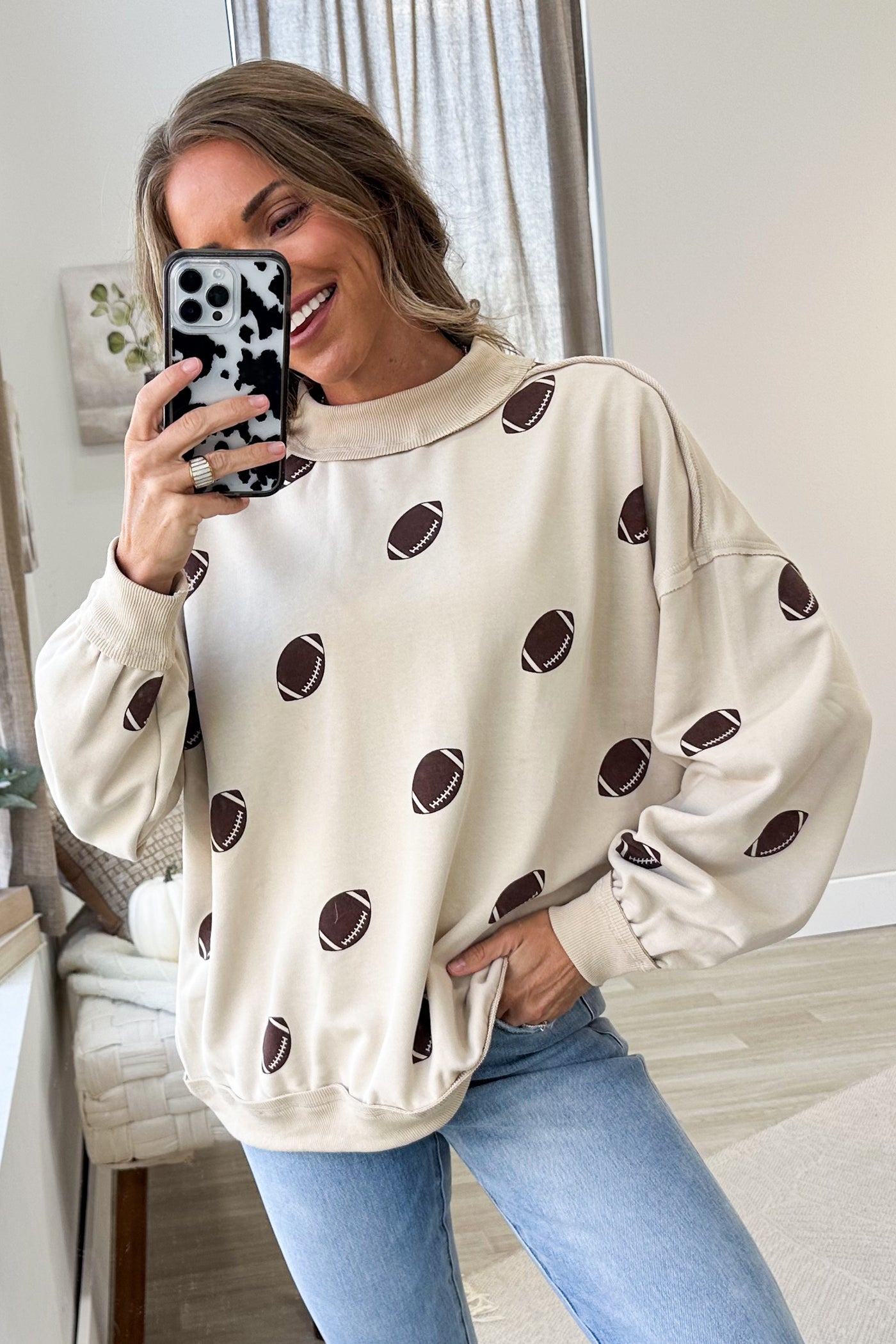 Beige Reversible Football Mock Neck Sweatshirt