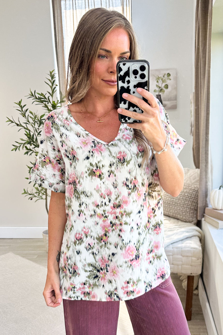 Ivory Floral Watercolor V-Neck Woven Top