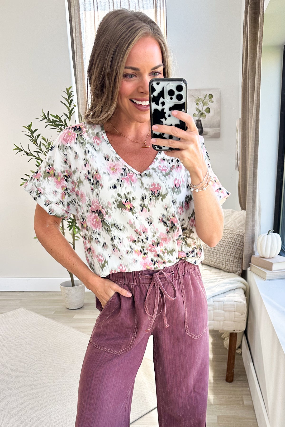 Ivory Floral Watercolor V-Neck Woven Top