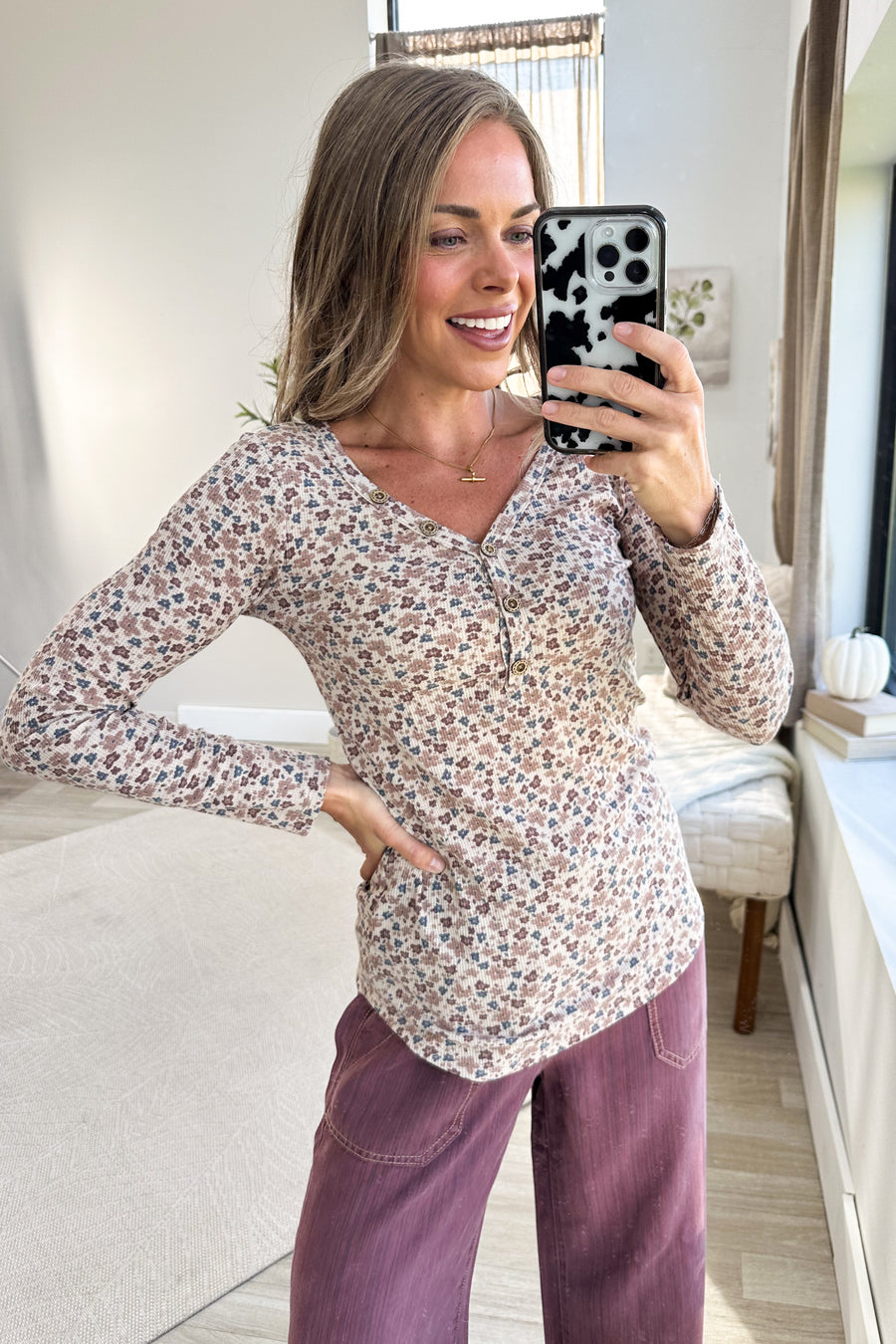 Beige Floral V-Neck Button Knit Long Sleeve Top