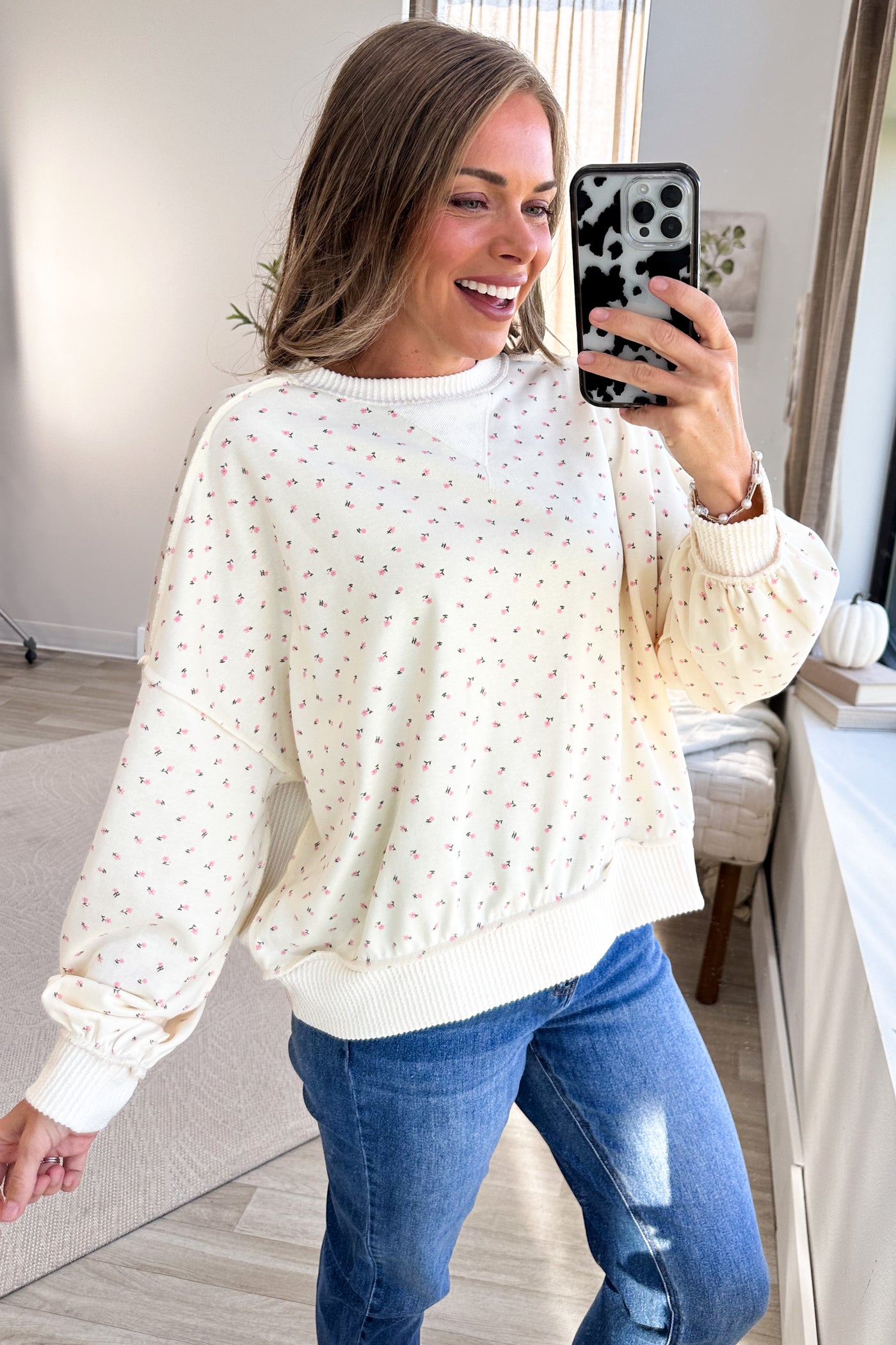 Ivory Floral Allover Print Long Sleeve Knit Top