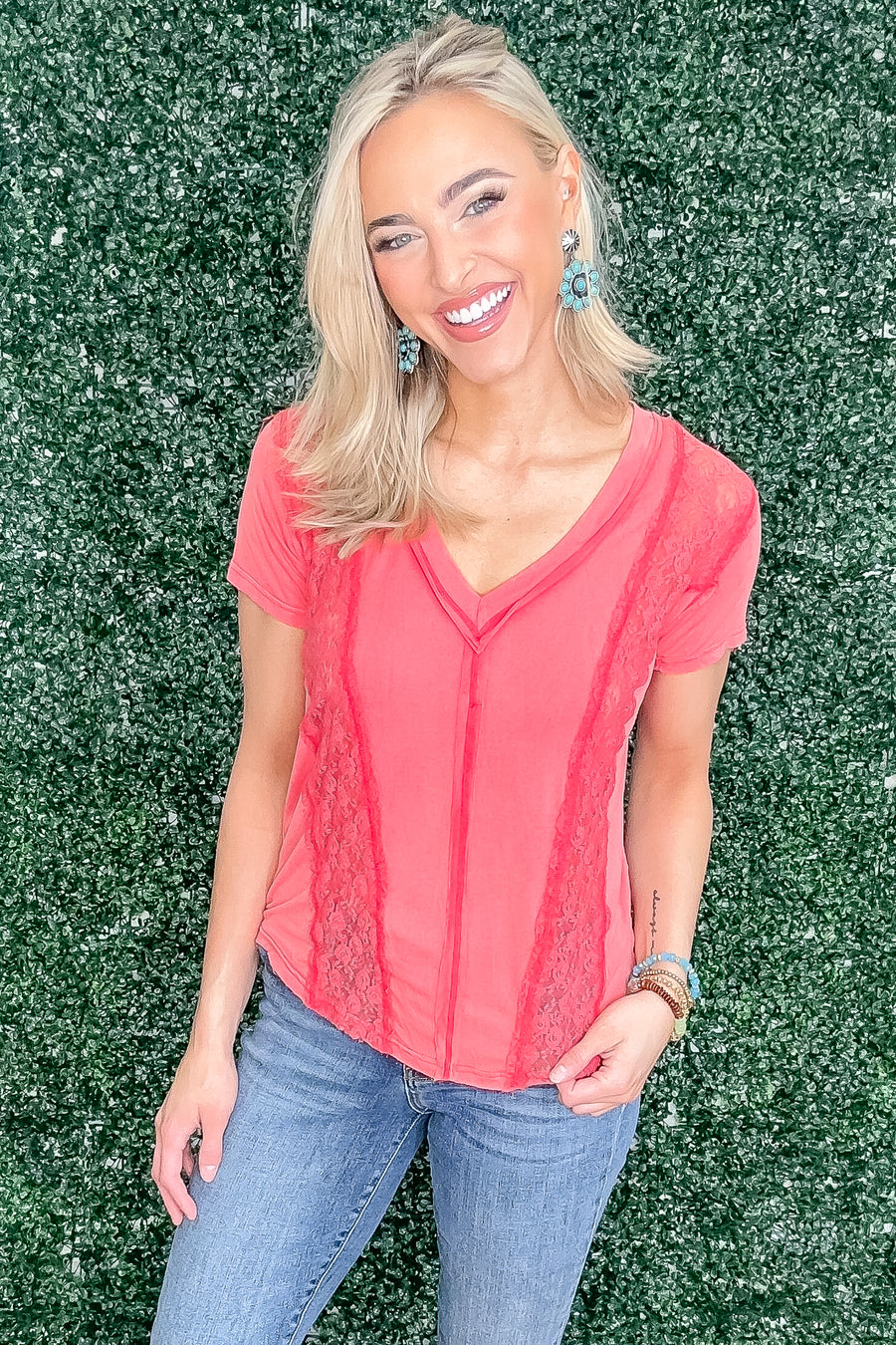 Coral Insert Lace Detail Knit Top