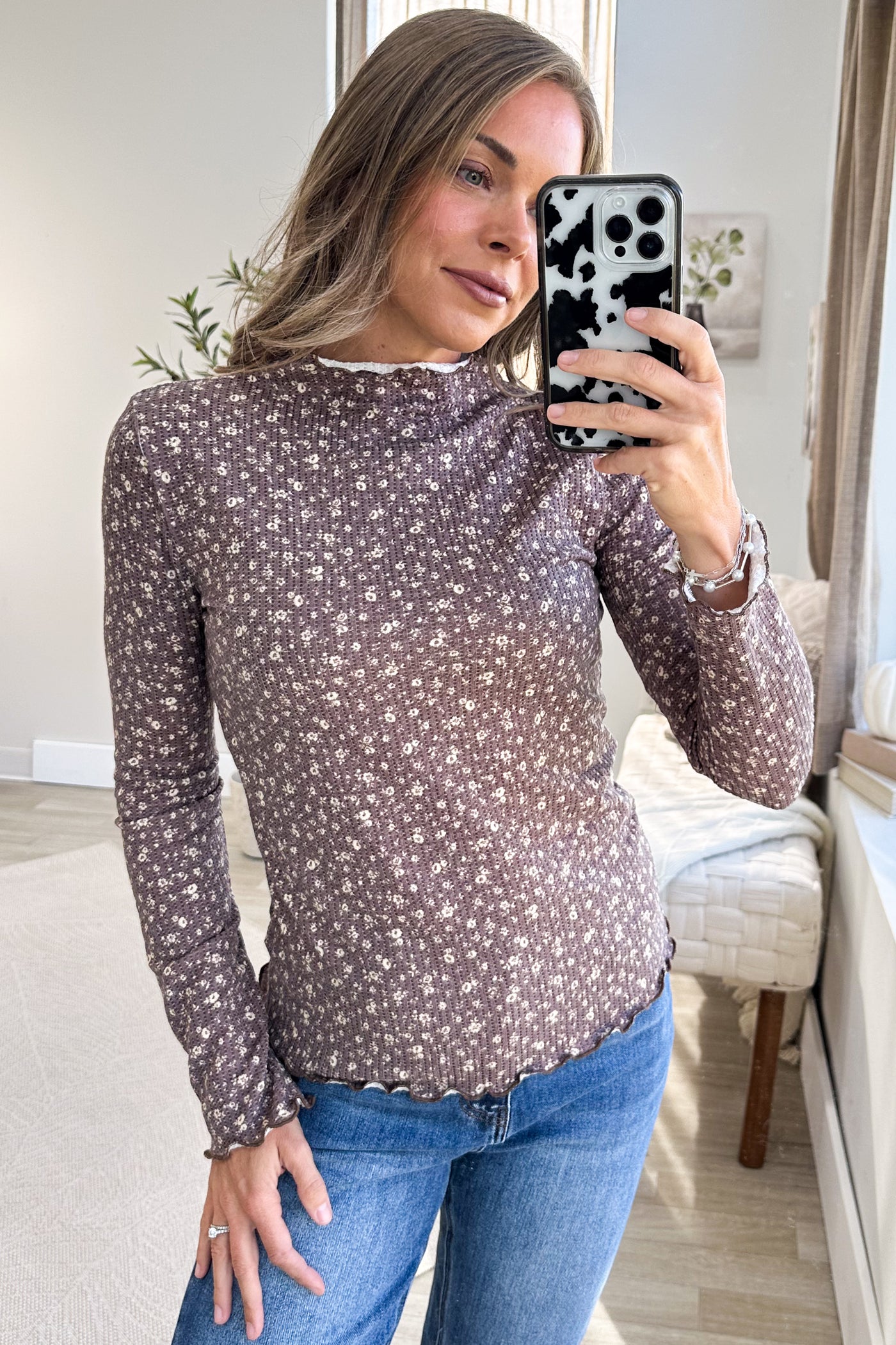 Brown Mock Neck Floral Print Merrow Hem Knit Top