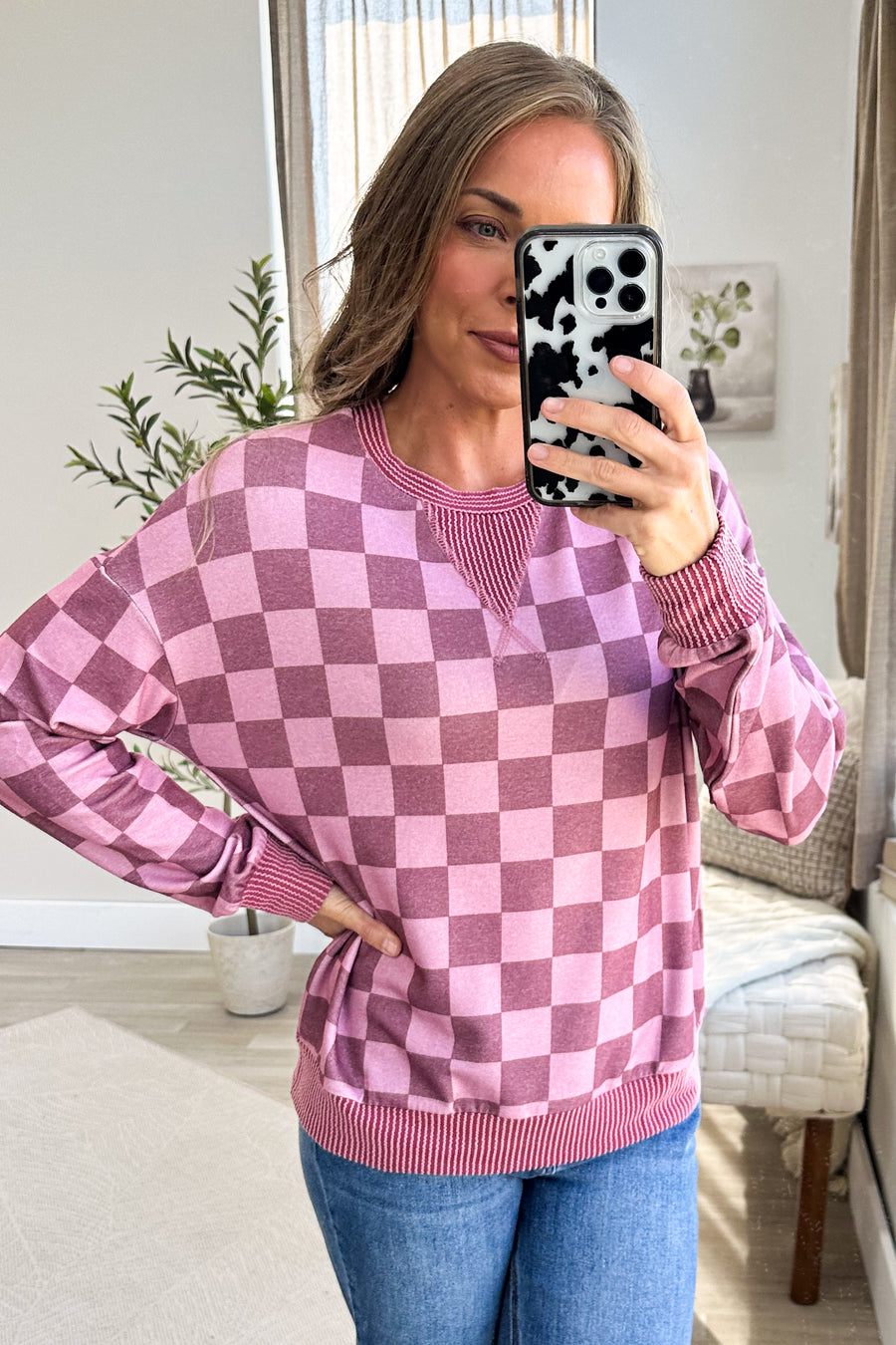 Berry Checkered Print Ribbed Trim Knit Top