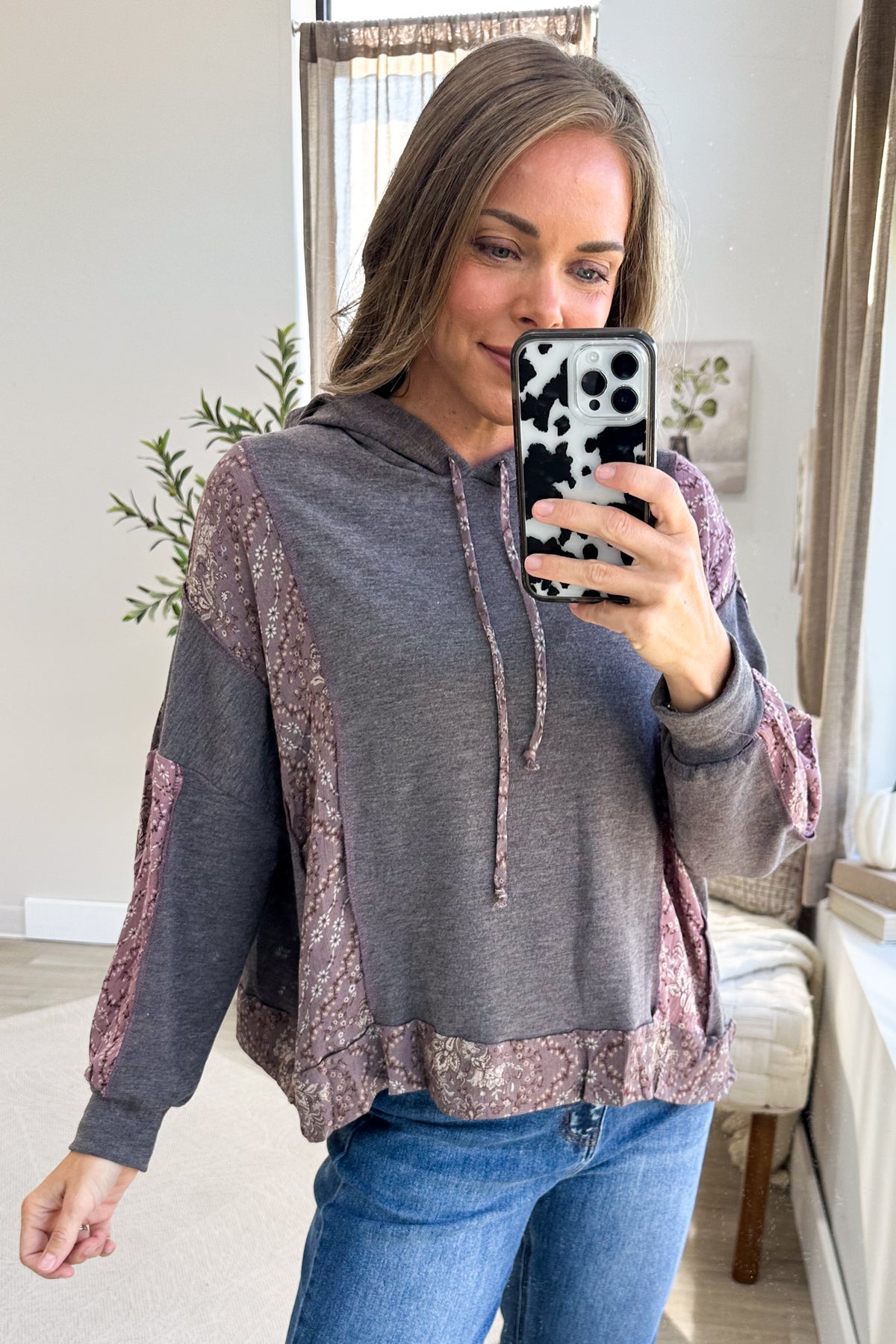 Mauve Floral Colorblock Knit Hoodie