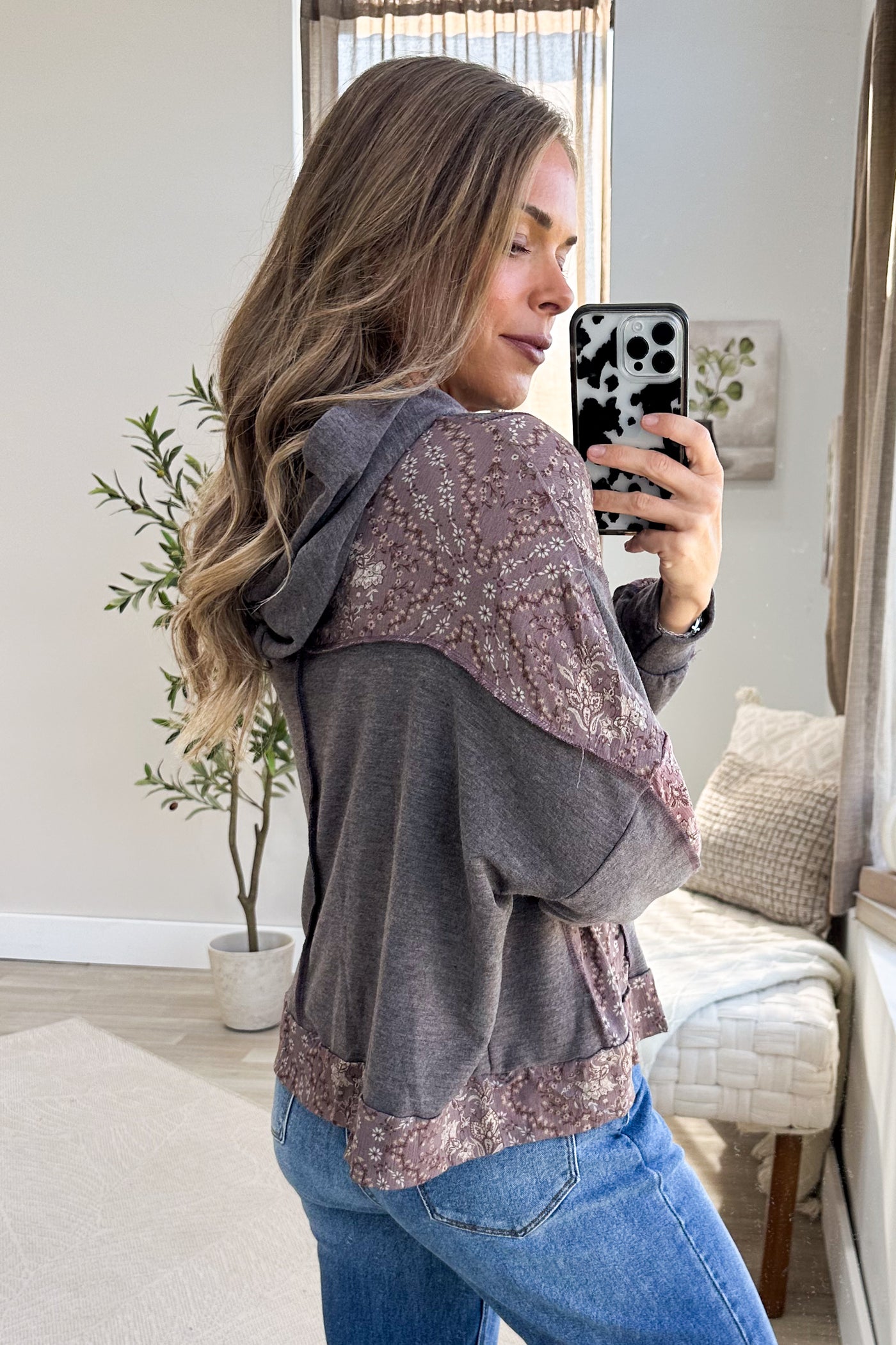Mauve Floral Colorblock Knit Hoodie
