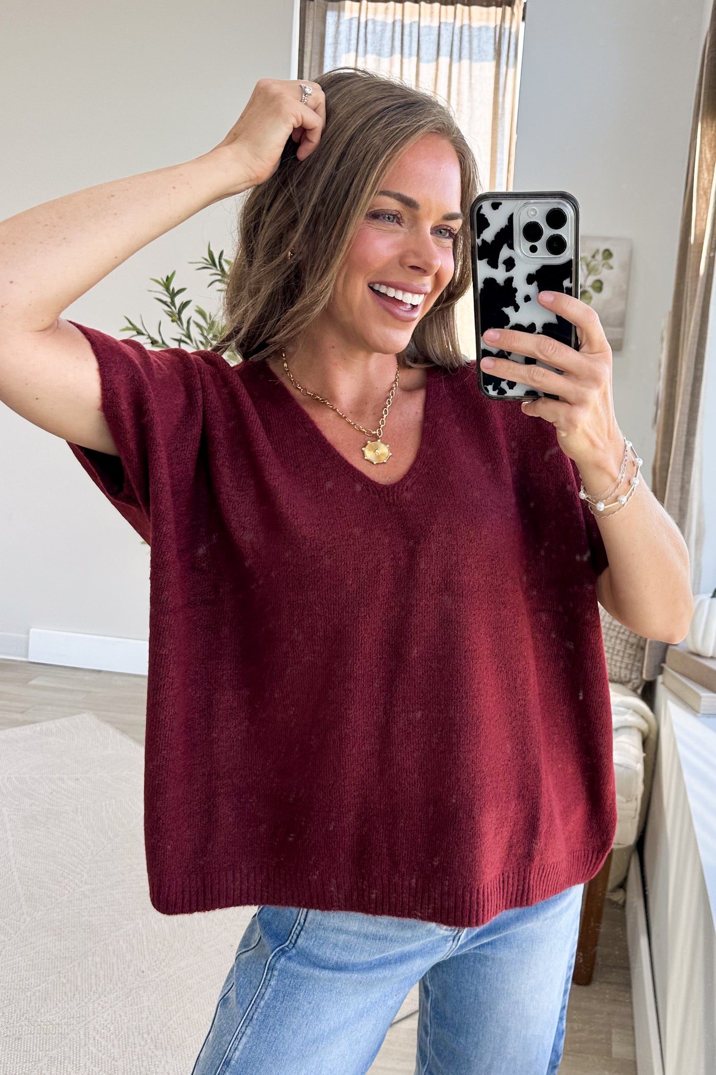 V-Neck Short Sleeve Sweater Knit Top