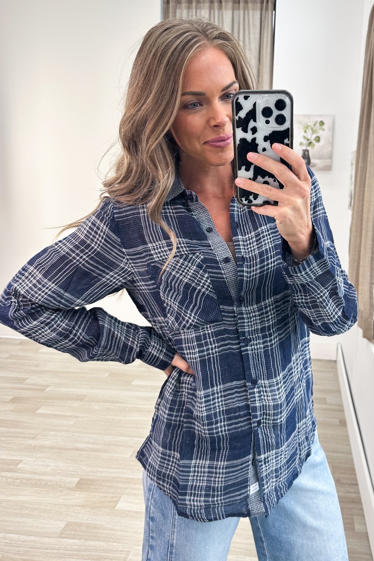 Plaid Front Pocket Long Sleeve Button Up Top