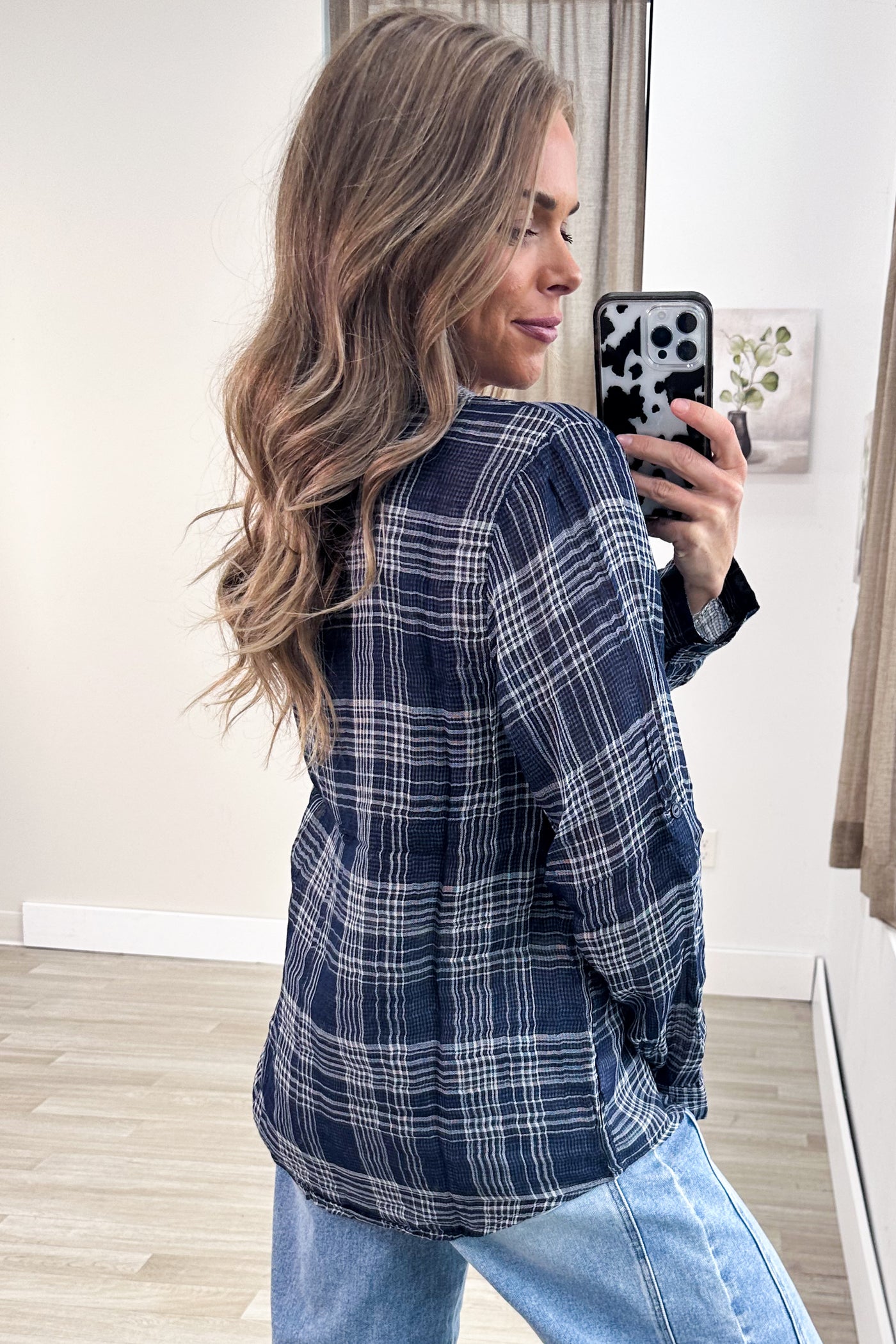Plaid Front Pocket Long Sleeve Button Up Top