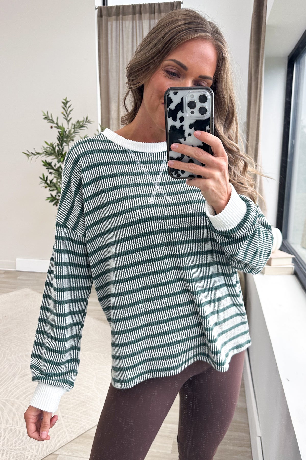 Raised Rib Striped Round Neck Knit Top