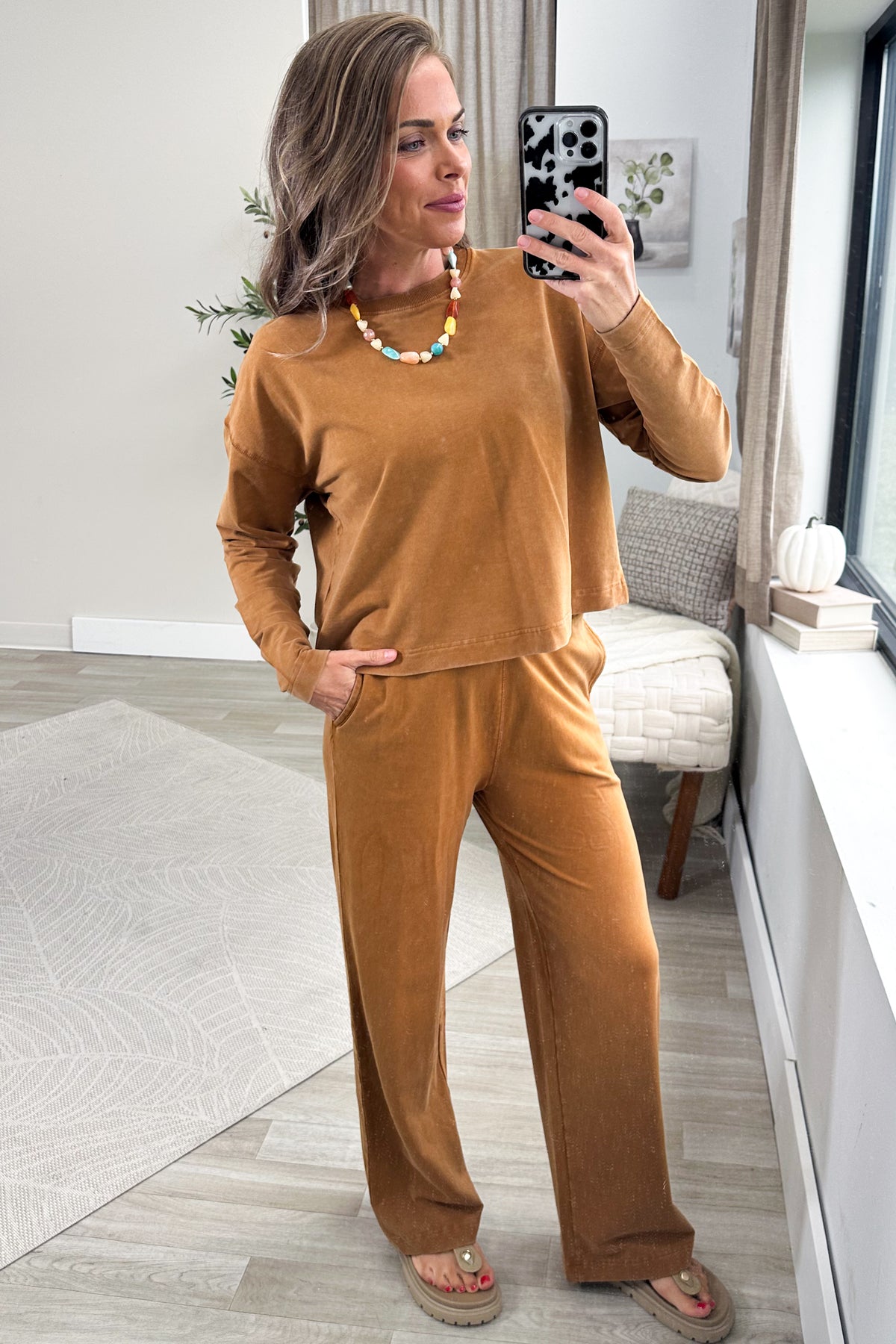 Cinnamon Mineral Wash Cotton Top And Pant Set