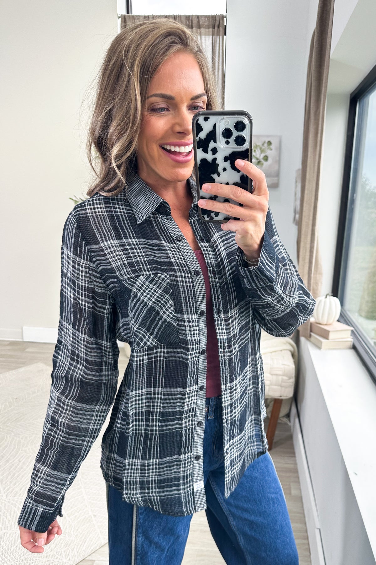 Plaid Front Pocket Long Sleeve Button Up Top