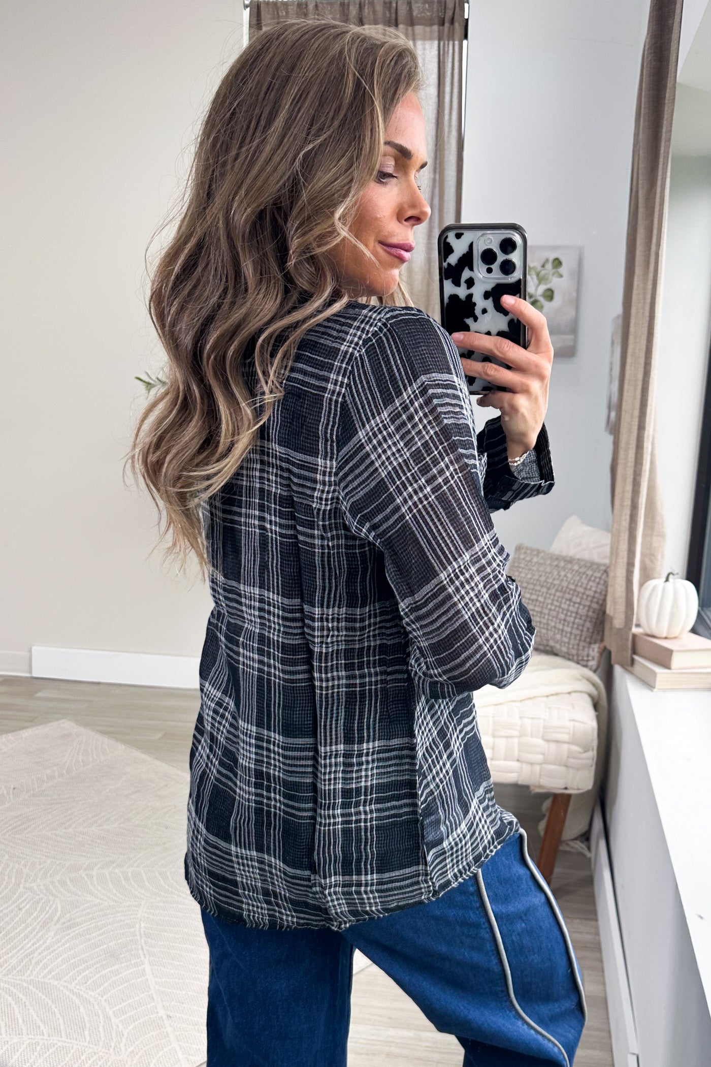 Plaid Front Pocket Long Sleeve Button Up Top