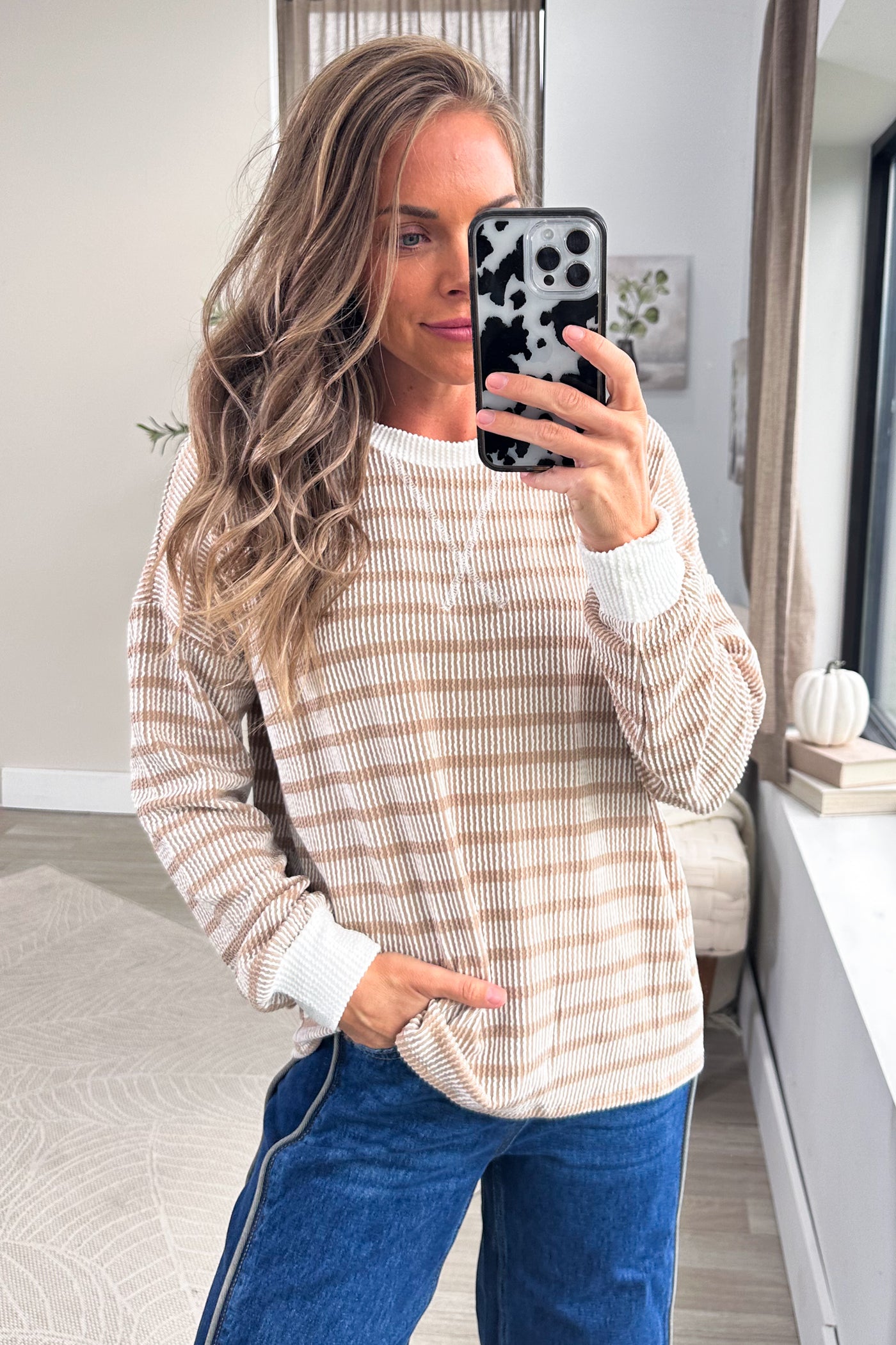 Raised Rib Striped Round Neck Knit Top