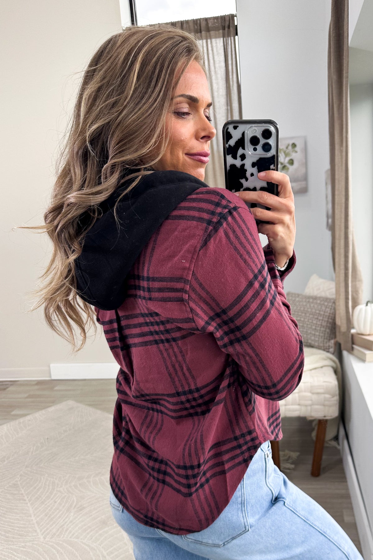 Berry Plaid Hoodie Button Up Top
